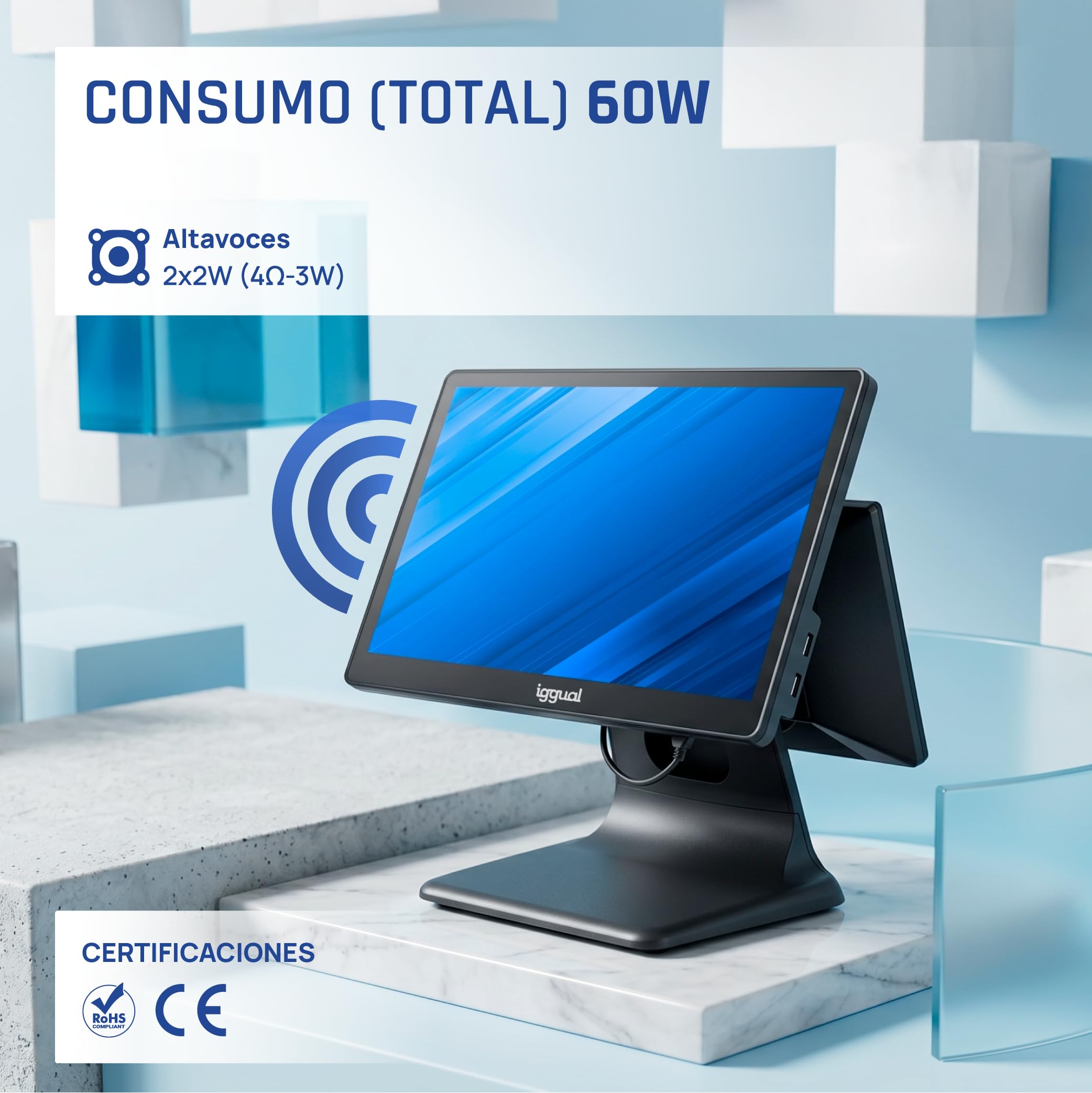 iggual TPV Dual Táctil 15,6”/11,6"- Sistema Caja Registradora Completo con Doble Pantalla - Windows 11 Pro -WiFi 5-Ethernet, Bluetooth 5.1- Procesador Intel® N100 3,4 GHz Apto Verifactu.