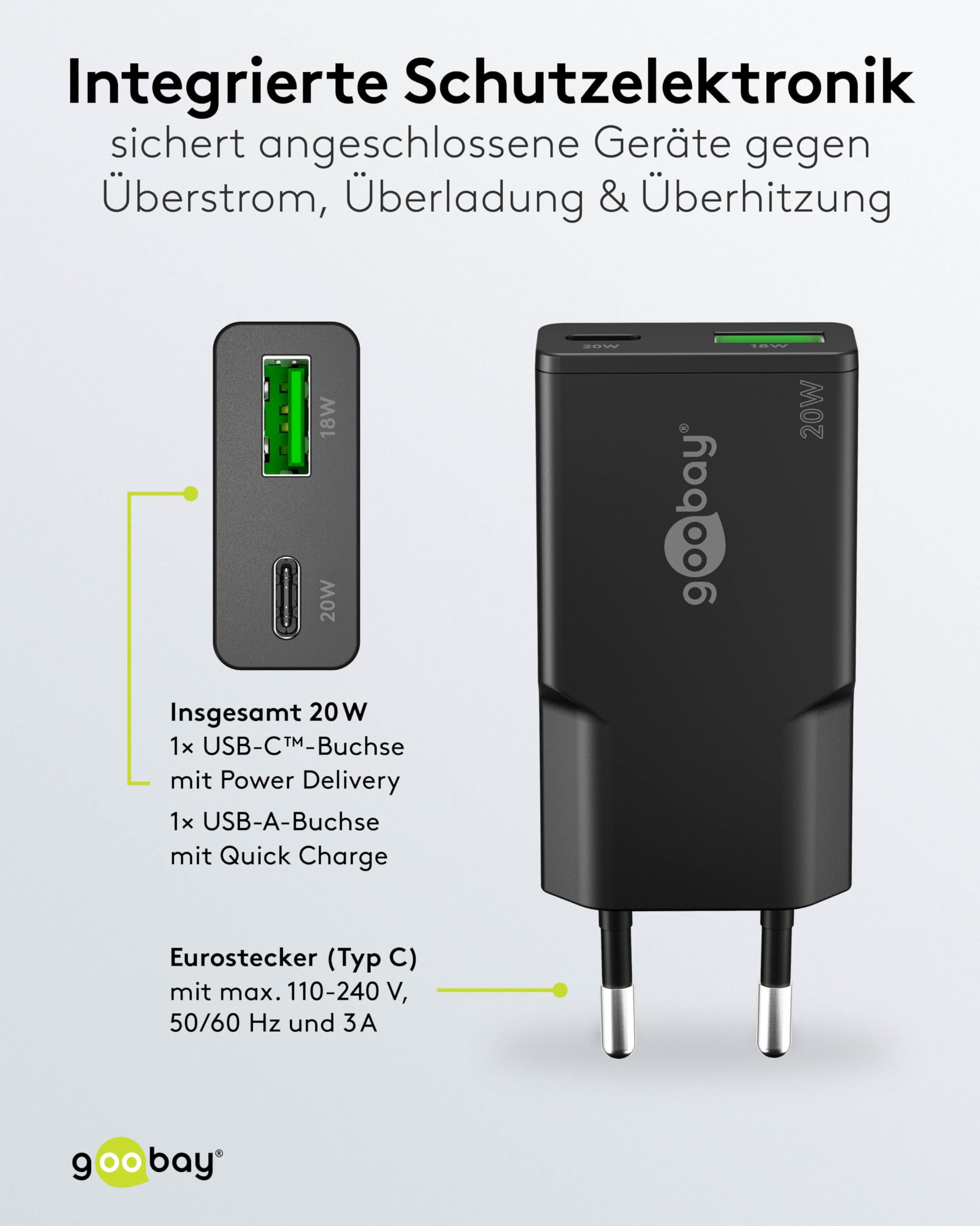 goobay Caricatore rapido USB-C PD GaN Dual Slim 20W (nero) Alimentatore Power Delivery, connettore USB-A Quick Charge, alimentatore di rete per smartphone e tablet - 75729