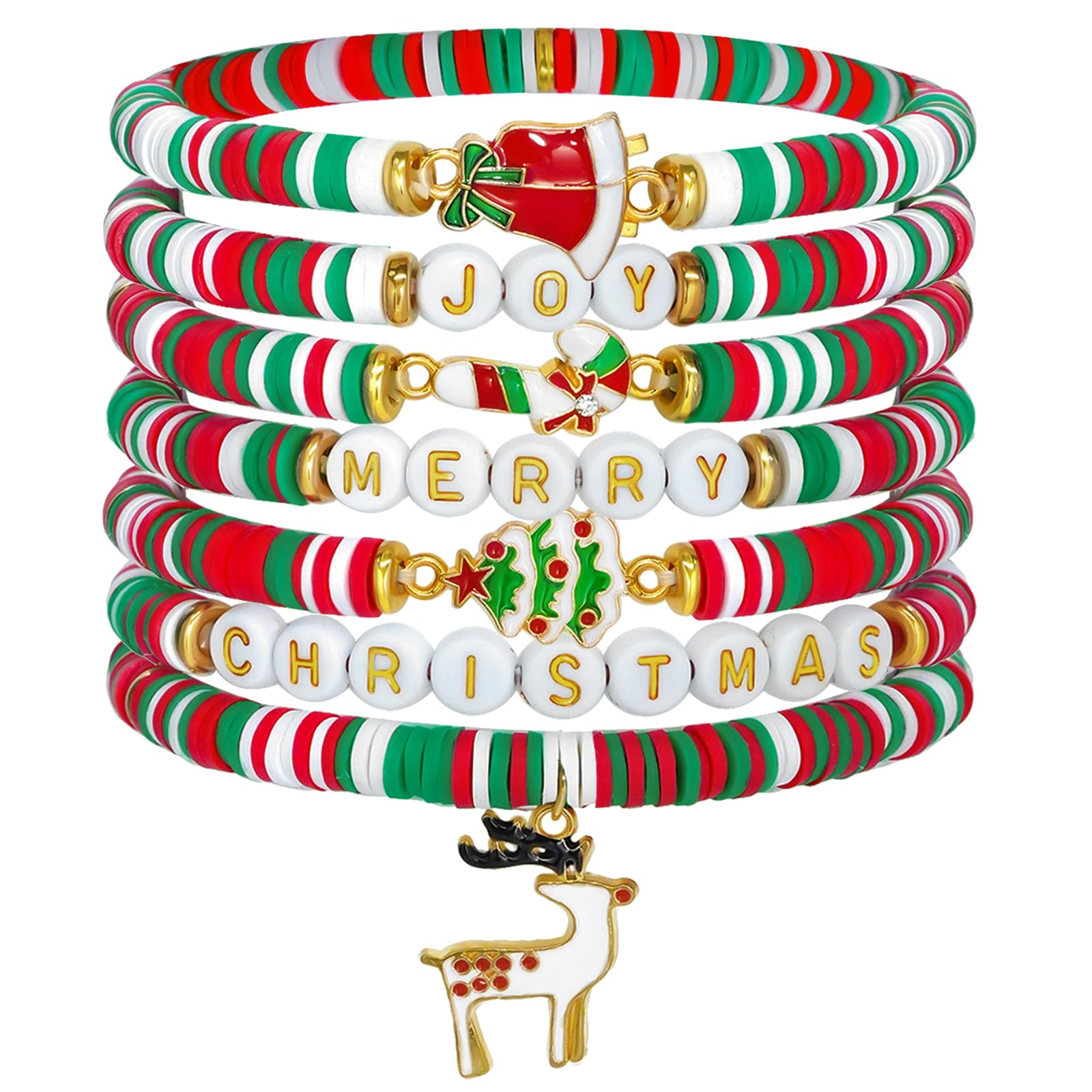 nylry 7PCS Christmas Bracelets for Women Clay Beaded Valentine Bracelets Stretch Friendship Bracelet Set Christmas Accessories Jewelry Xmas Decor Party Favors Valentines Day Gifts for Her