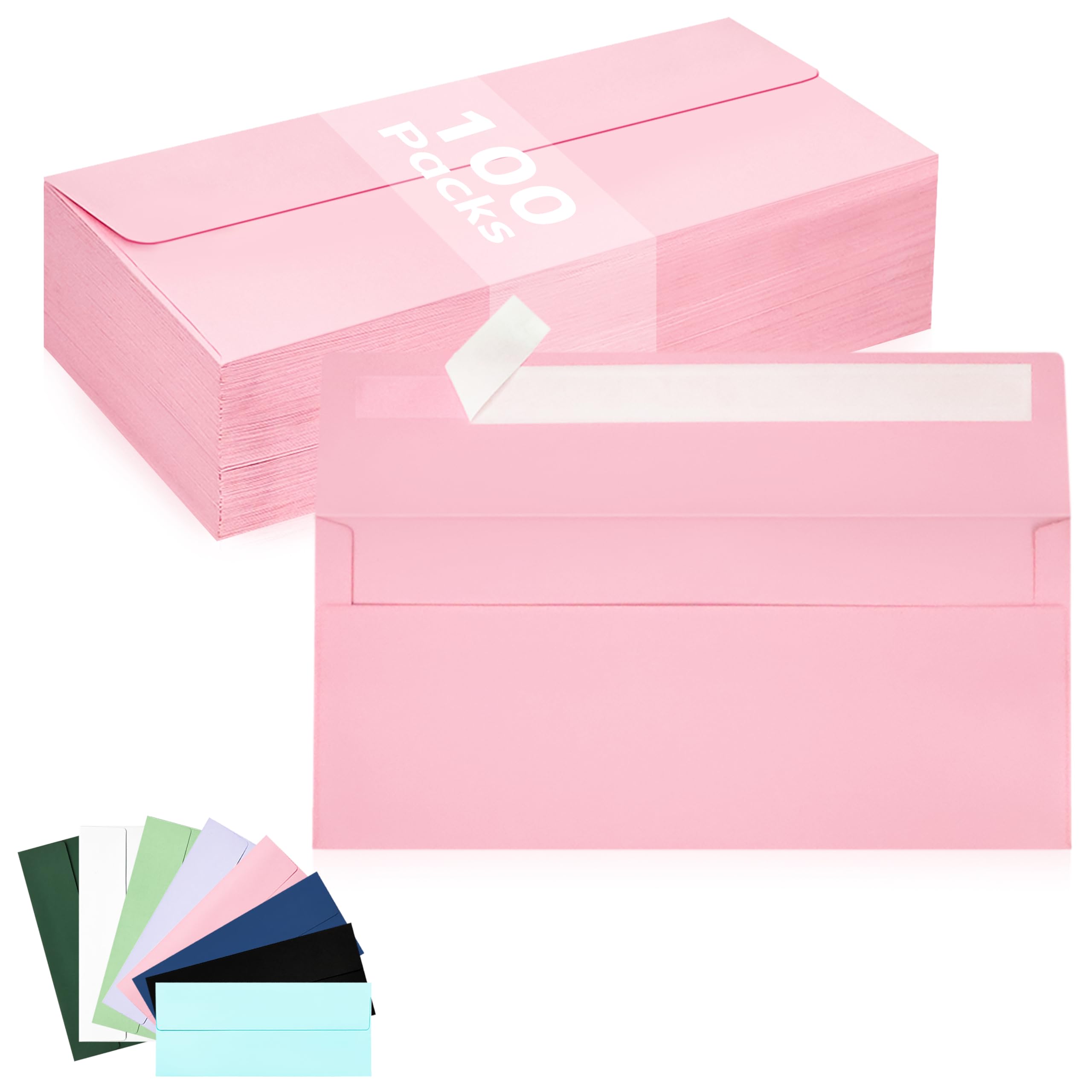 100 Pack #10 Business Envelopes, Pink Standard Envelopes Self Seal, Letter Size Business Mailing Envelopes for Checks Letters Invoices Statements