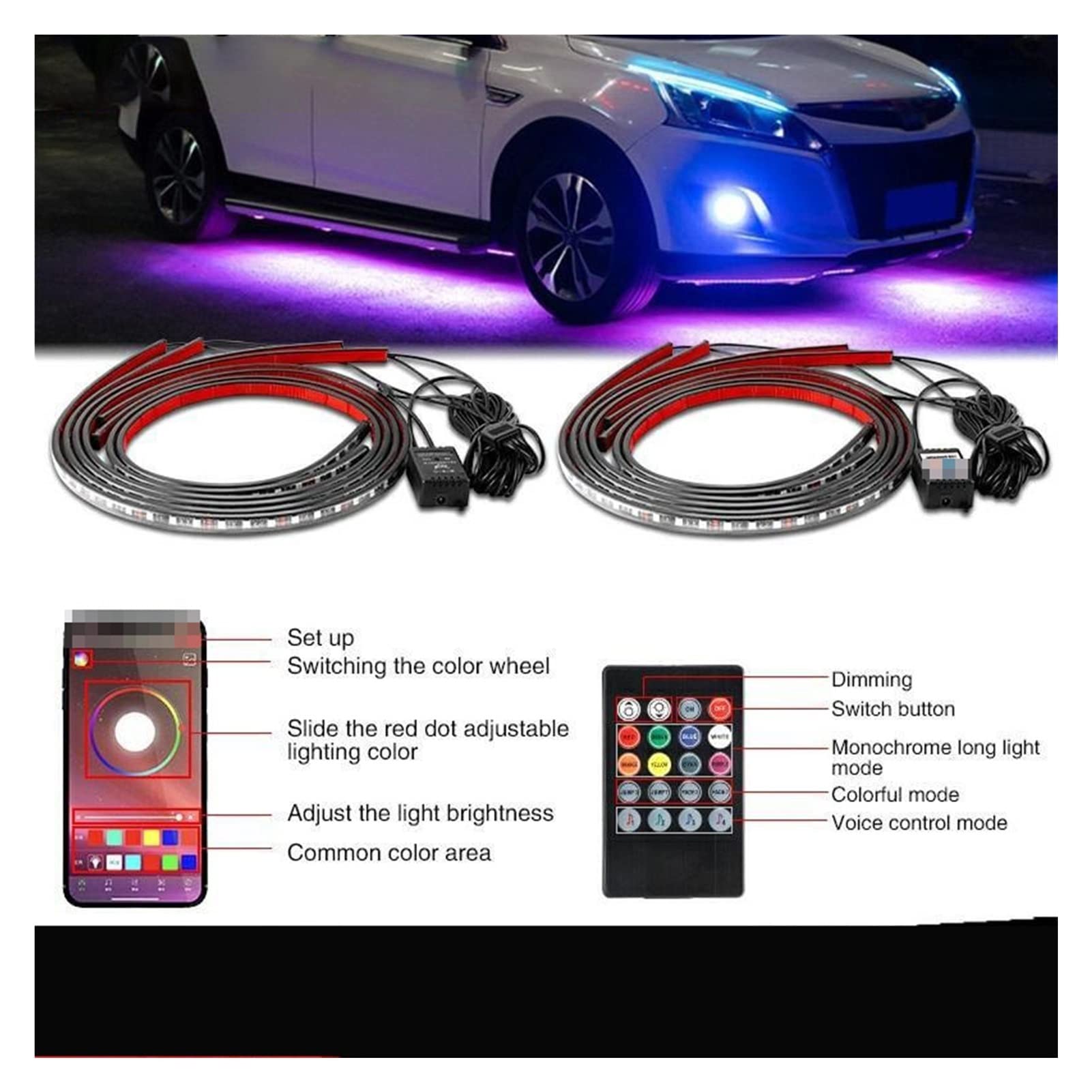 Rozgwieżdżone Niebo, 4x Podłączenie samochodu Elastyczna taśma PROWADZONY Zdalny/Aplikacja Kontrola LED RGB. Pasek pod ładowaniem samochodowym rurki podwozia System Neon Light(APP 120CM 150CM)