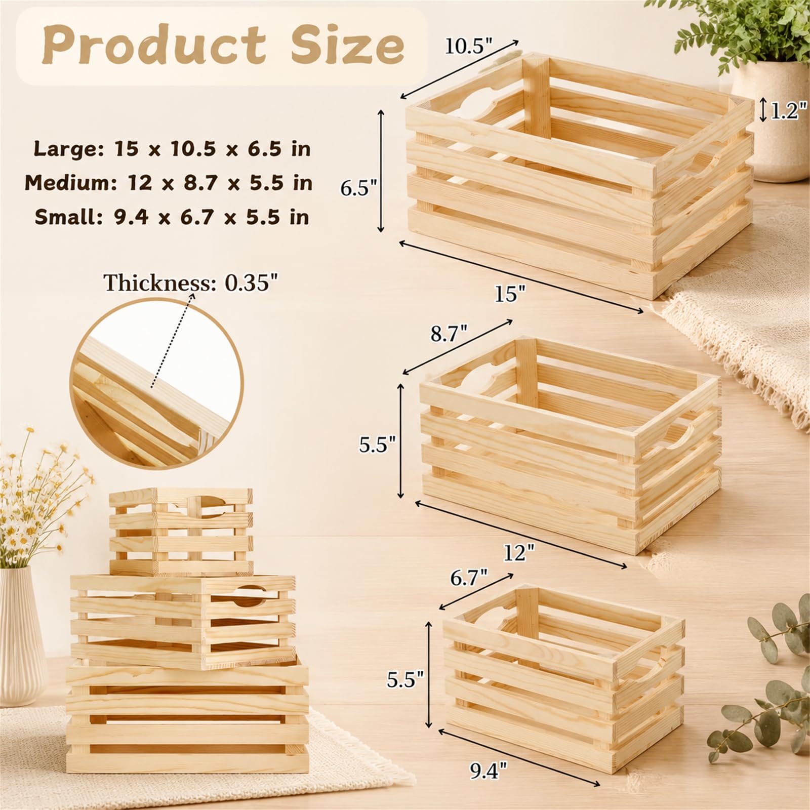 Amazon.com: ZENFUN 3 Pack Wooden Nesting Crates with Handles