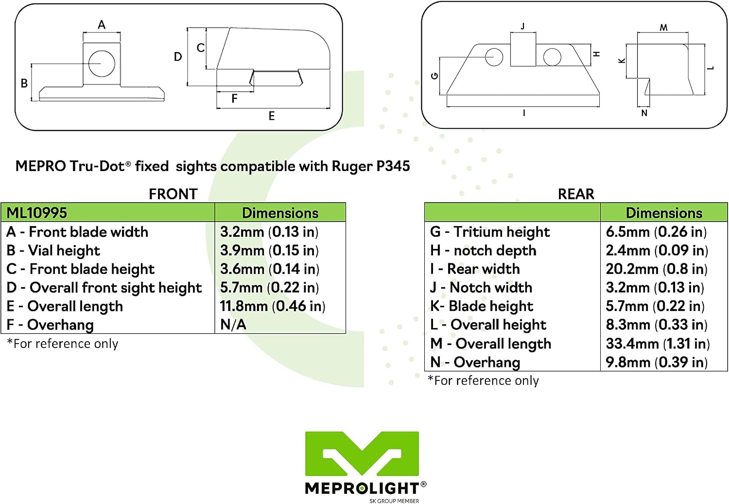 MEPROLIGHT MEPRO TRU-DOT Fixed tritium Day and Night Sights Compatible with Ruger, Tritium Dots