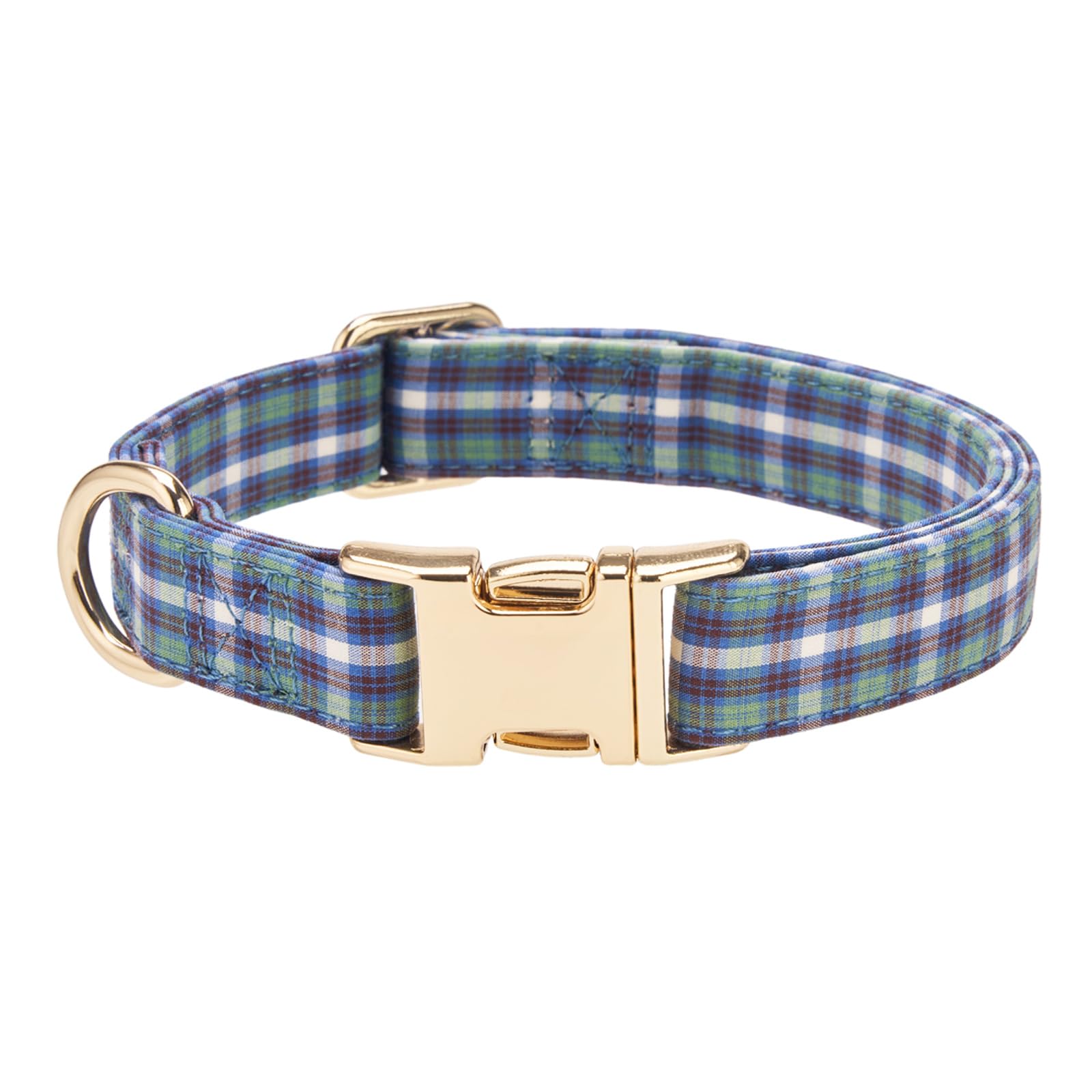 YUDOTE Blue Plaid Dog Collar,Adjustable Tartan Collar with Gold Quick Release Buckle,Soft Comfortable Checkered Pet Collar for Large Dogs,Classic Daily Walking Dog Collar(Blue,Large)