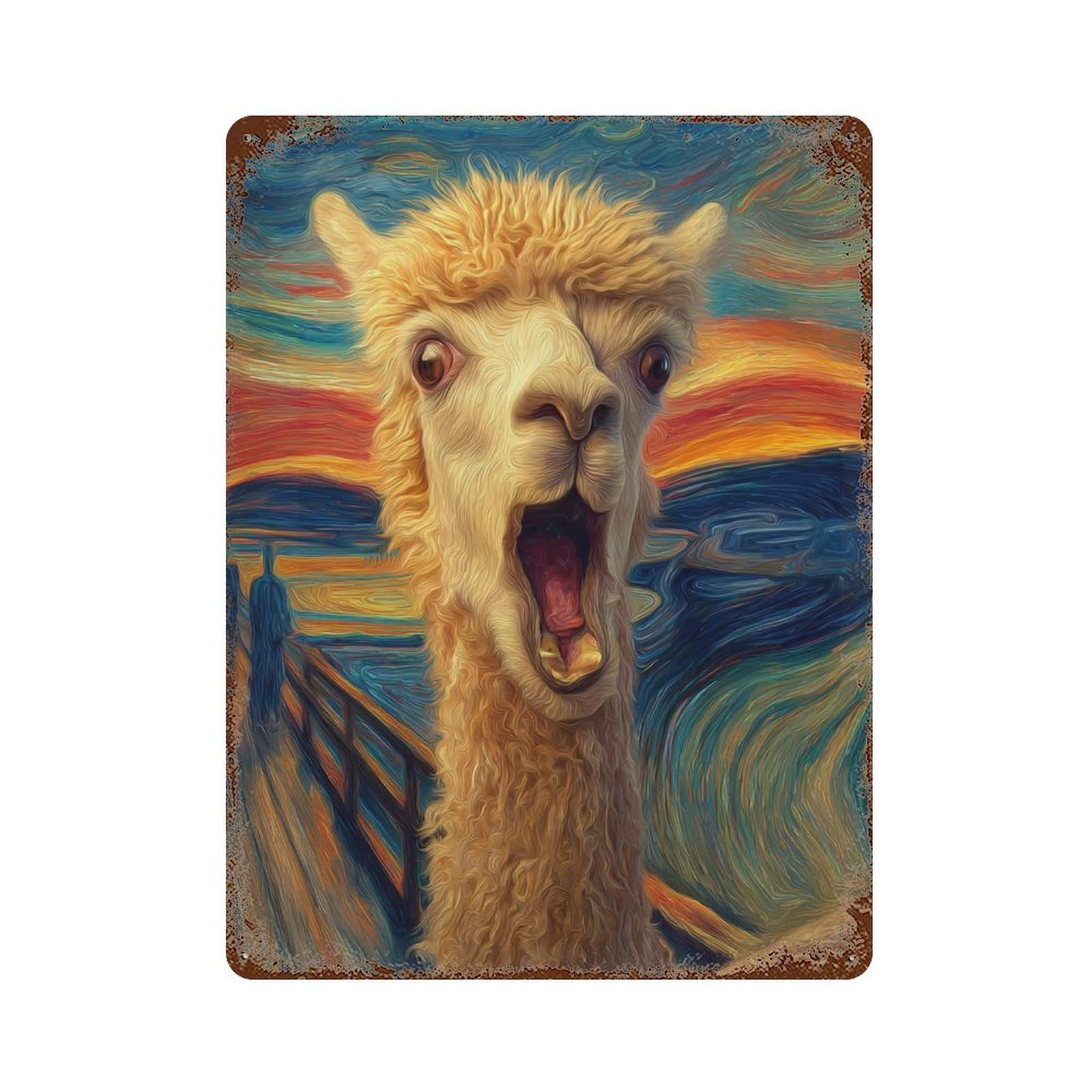 Alpaca Art Print The Scream Parody 15.7"x11.8" Vintage Metal Tin Sign, Shabby Chic Decor for Office, Studio And Wall Decor