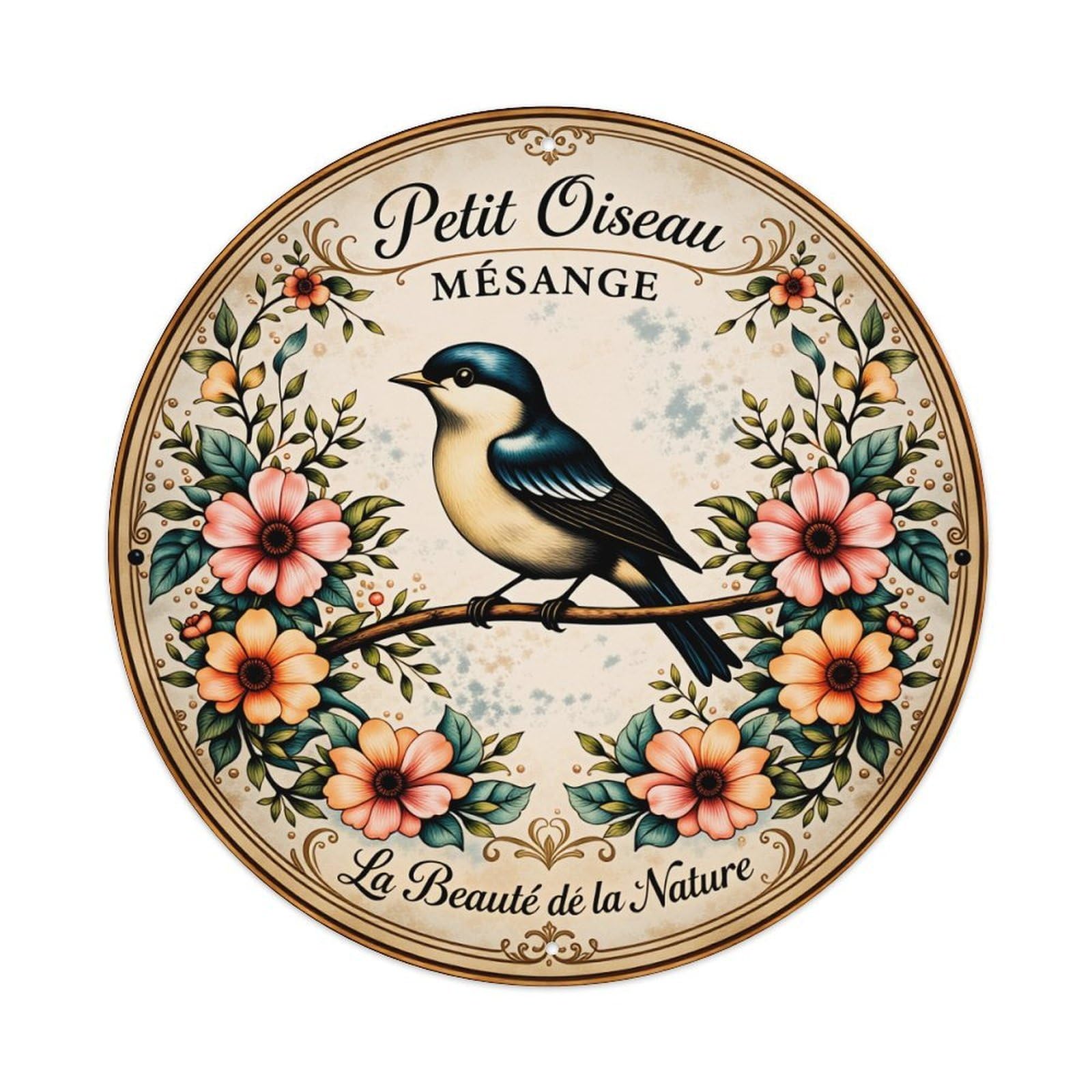 Bird Floral Branch Nature Art Vintage Metal Tin Sign Retro Wall Decor for Home Bar Garage Cafe, Indoor & Outdoor Decorative，circle Metal Poster, 8x8 Inch