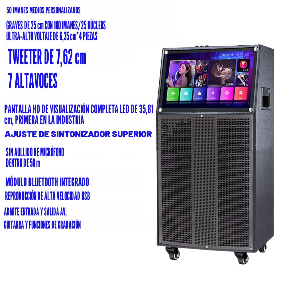 14" Máquina de Karaoke con Pantalla táctil | Sistema de PA portátil con 2 micrófonos inalámbricos | Altavoz WiFi Bluetooth para Fiesta al Aire Libre en casa |Sistema Android 40-400W
