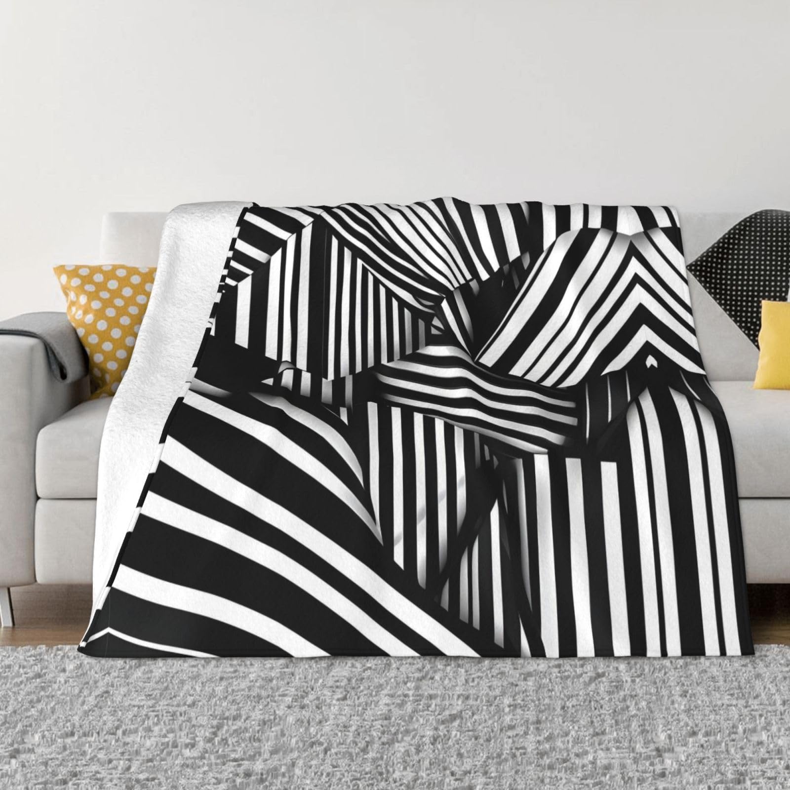 Couverture flanelle noire blanche : grand plaid géométrique jeté de canapé et lit 152x203