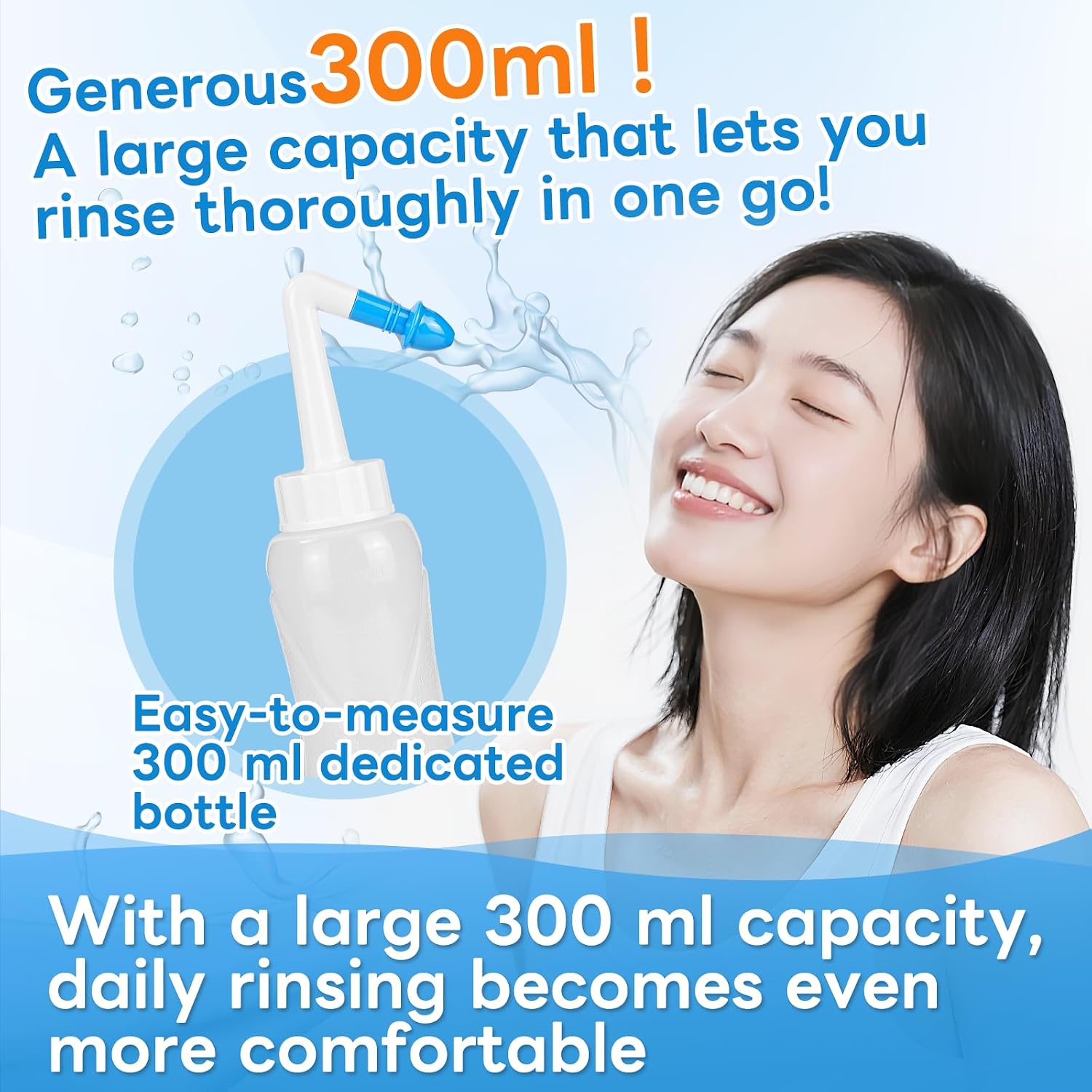InhwRior neti Pot, Nasal Irrigation Bottle, 300ml Manual Sinus Rinse Kit with 50 Packs of Saline (2.7g/300ml), 2 Nozzles, Easy to Use, Gentle and No Burning (Nasal Irrigator + 50 Packets of Saline)