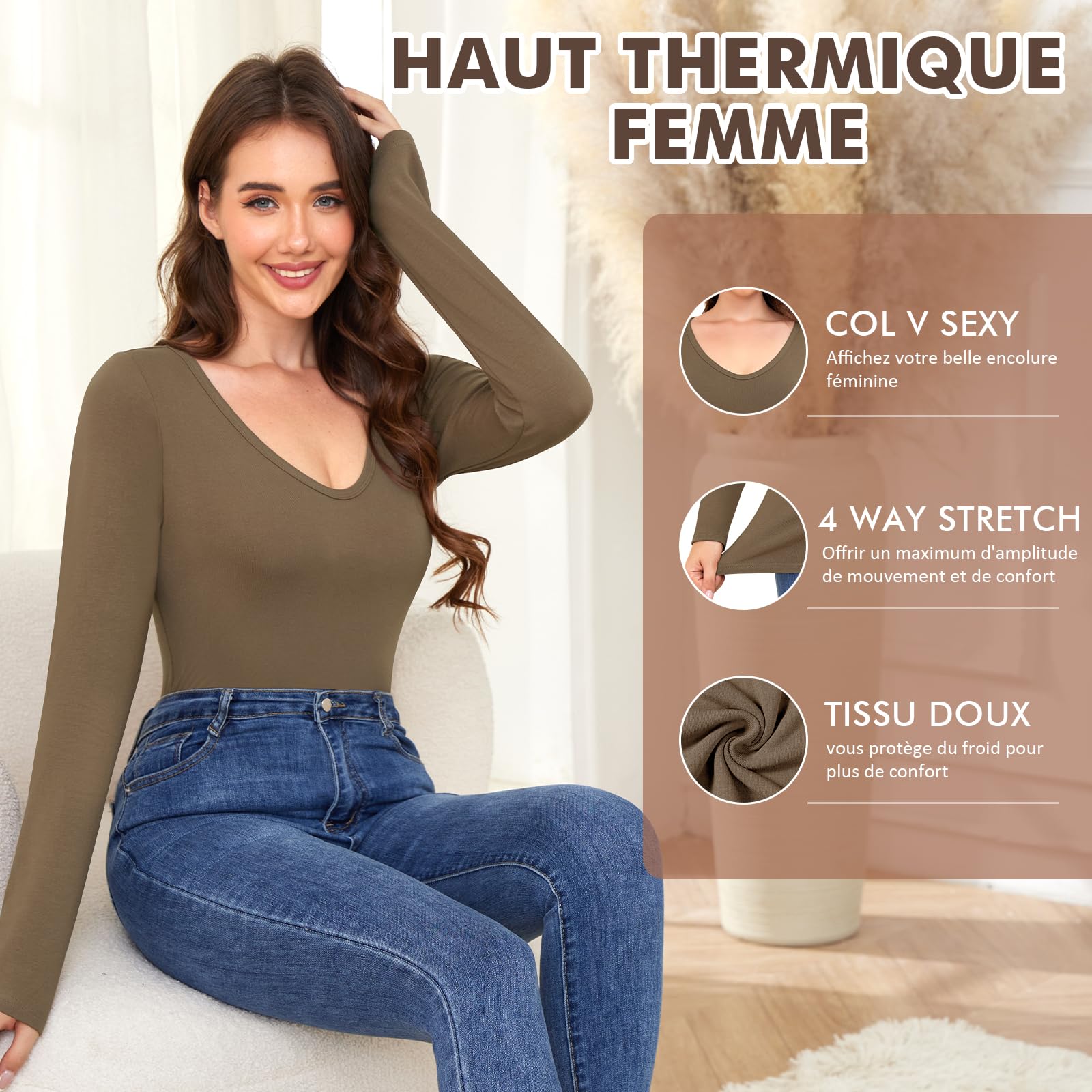 YARRCO Haut Thermique Femme Manche Longue Col en V sous-vêtements Thermiques sous Pull Thermique T-Shirt en Polaire
