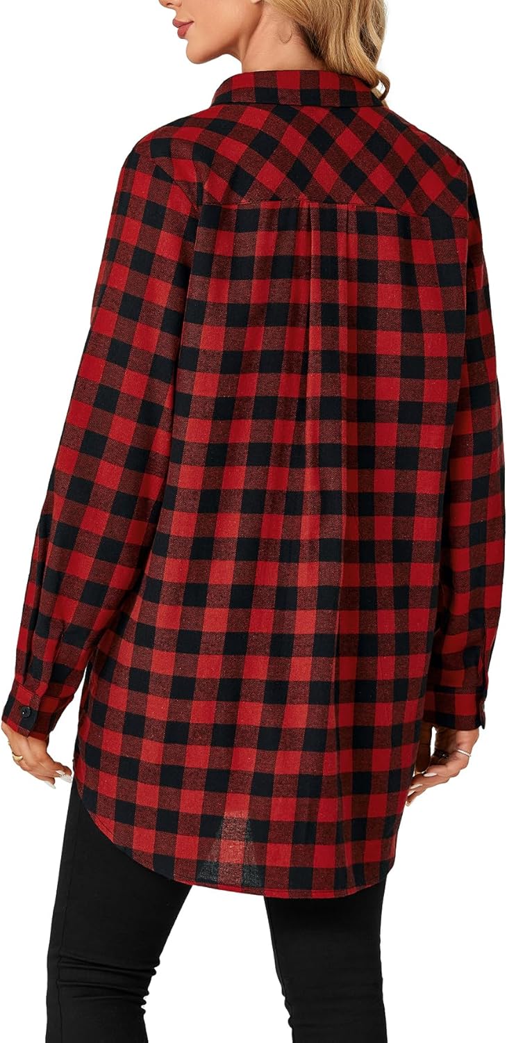 OPOIPIN Women's Casual Mid-Long Flannel Shirt Plaid Collar Button Down Long Sleeve Blouse Top - Image 5
