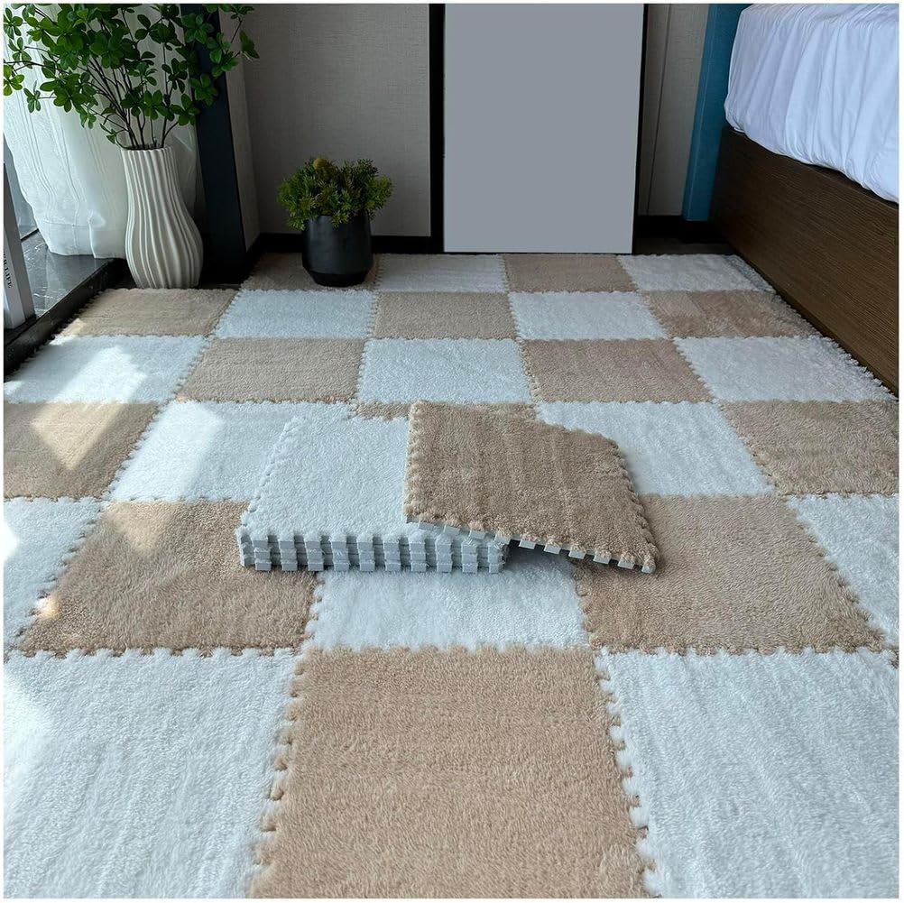 Tappetino Puzzle Tappetino Puzzle in Schiuma, Piastrelle for Moquette ad Incastro, Confezione da 12, Multicolori, 30,5 x, cm(White+Khaki)
