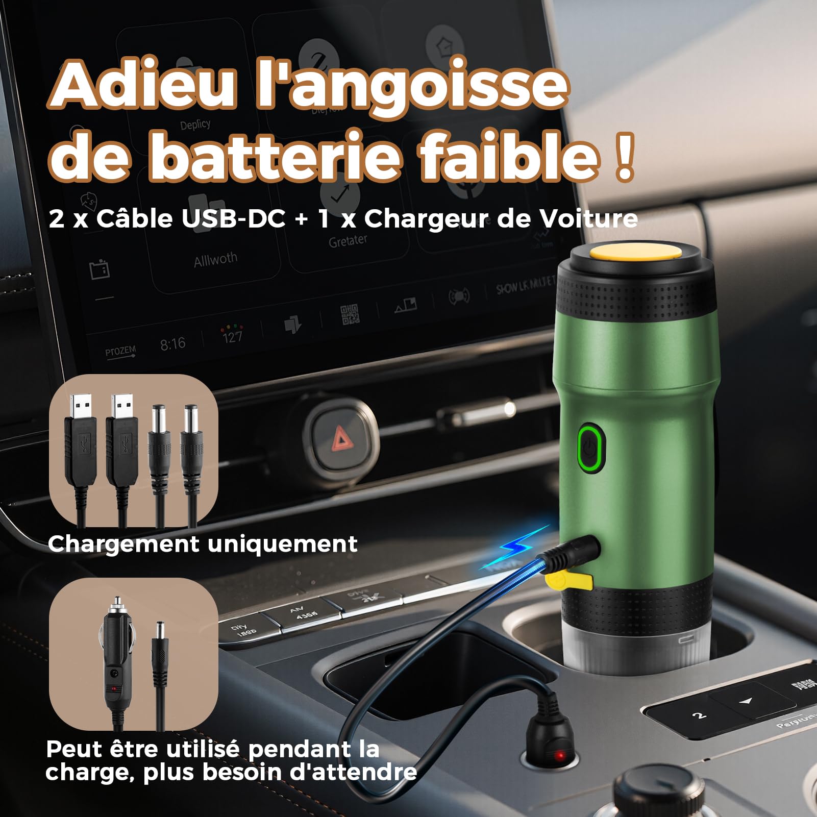 ICARE Cafetiere Portable, Expresso Machine a Cafe 3-en-1, 20BAR Pression, Extraction à 92°C, Batterie 7500mAh, Charge USB/Voiture, pour Capsules et Café Moulu (Vert)