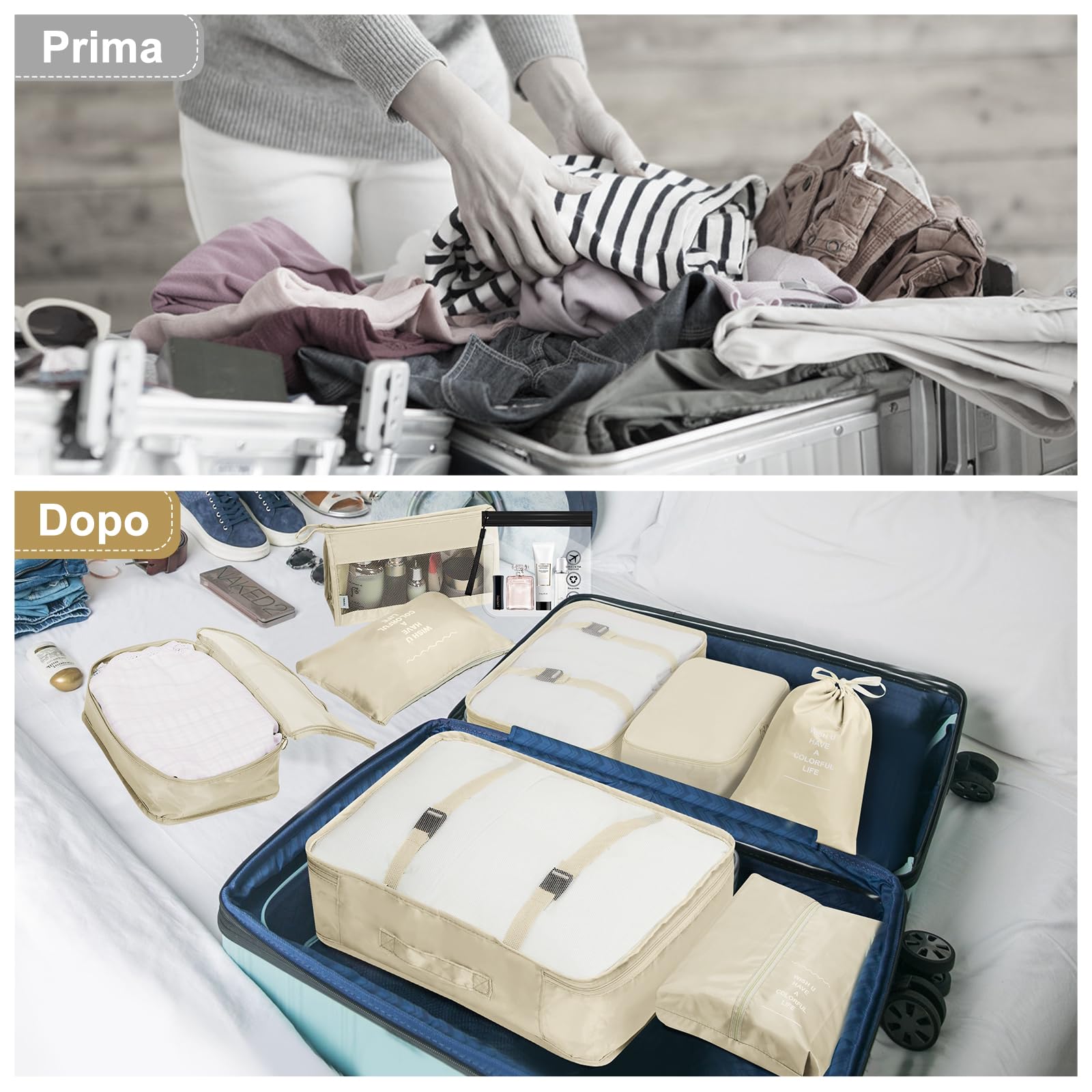 Set 8 Pezzi Organizer Valigia | Packing Cubes Salvaspazio | Sacchetti Viaggio Beige | Per Vacanze E Travel - Foto 13