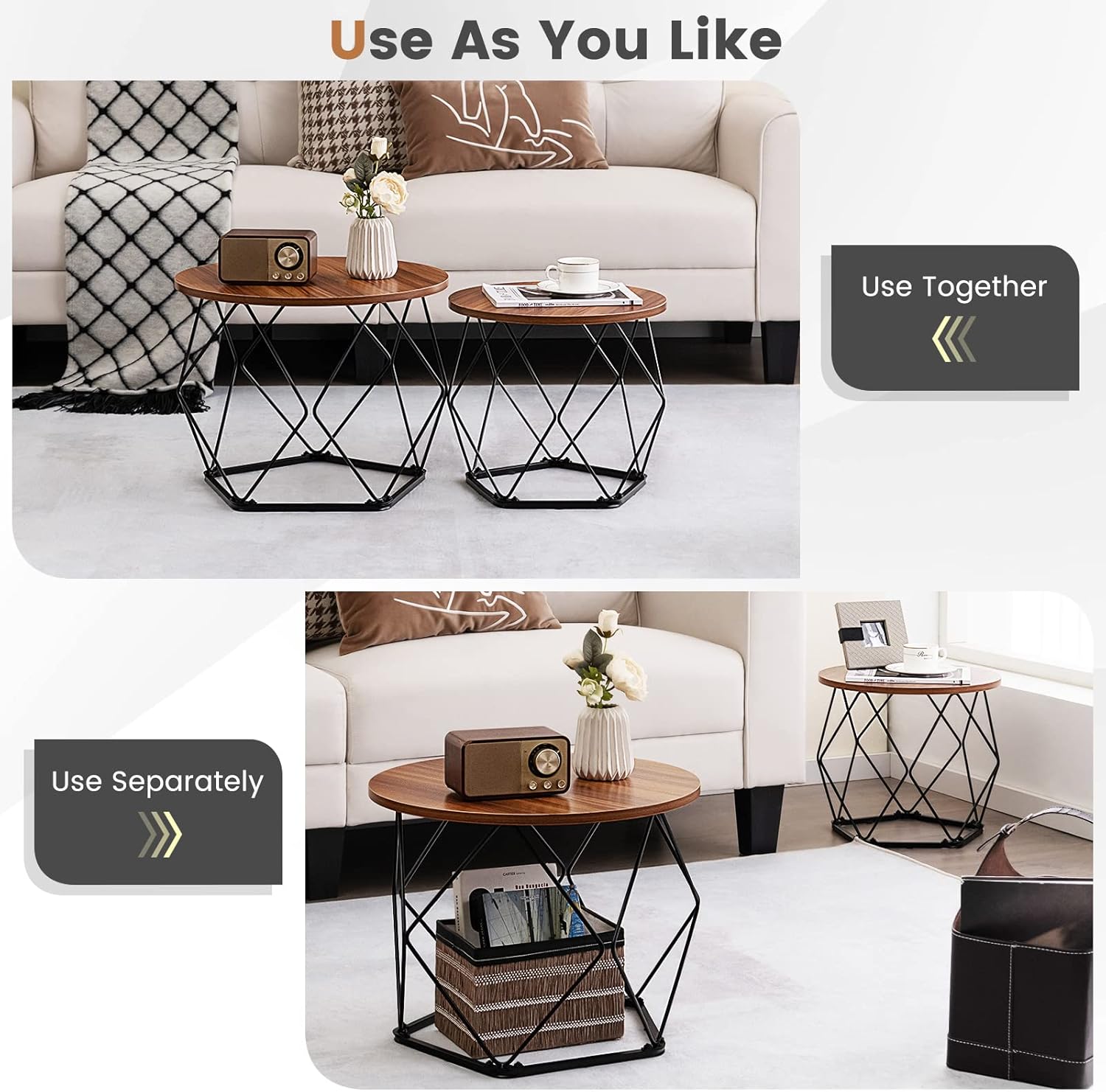 Set of 2 Coffee Tables, Wooden Round Sofa Side Table with EVA Pads, Steel Frame Tea Tables Rustic Accent Tables for Living Room Bedroom Office