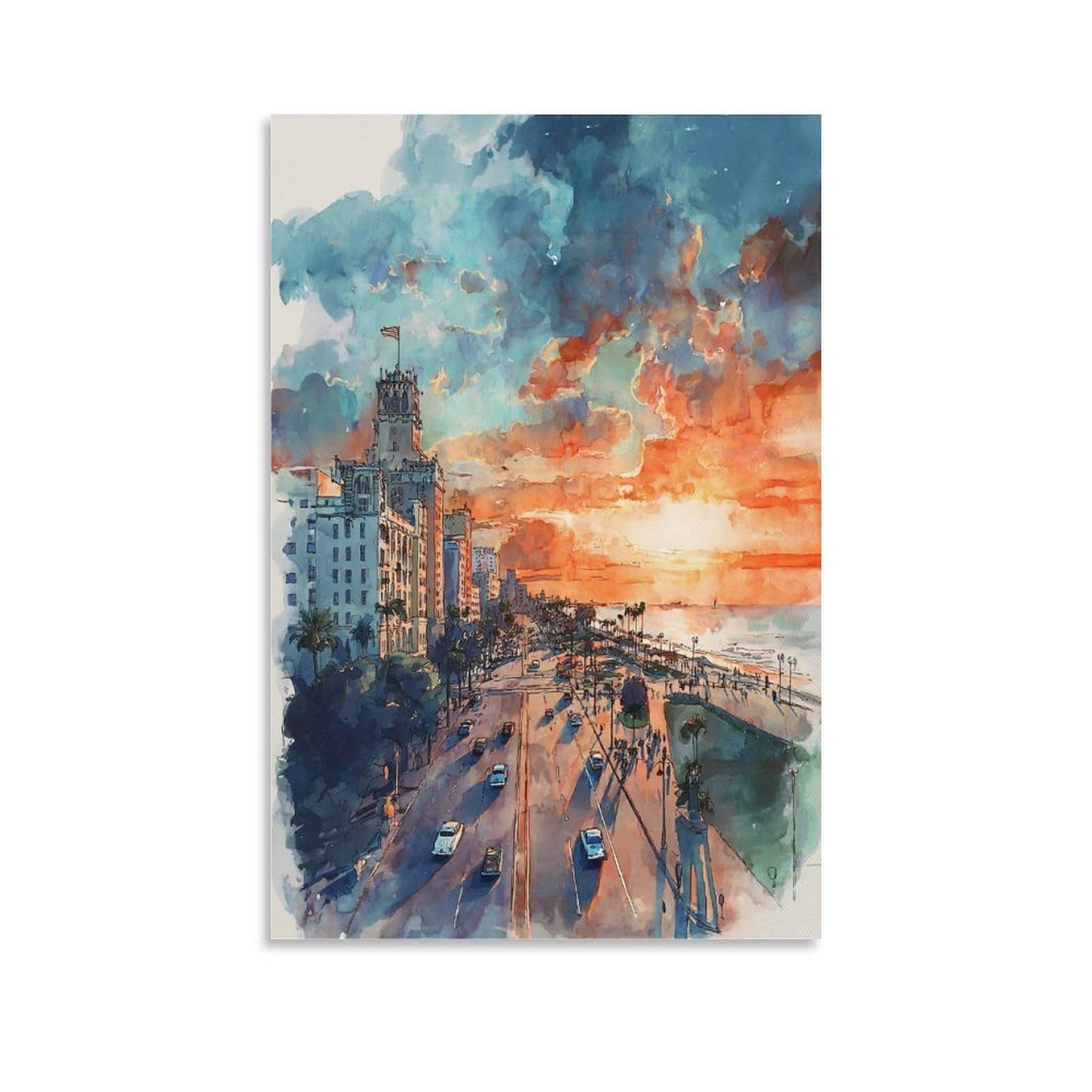 LCYNNH San Diego Watercolor Painting Surf 20x30inch(50x75cm) Vintage Travel Poster Watercolor Canvas Art