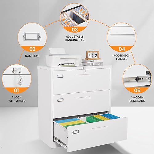 Vista 173 de Archivador de 3 cajones, archivador móvil totalmente ensamblado con cerradura para oficina en casa, caninete de metal con ruedas, cabina de tres