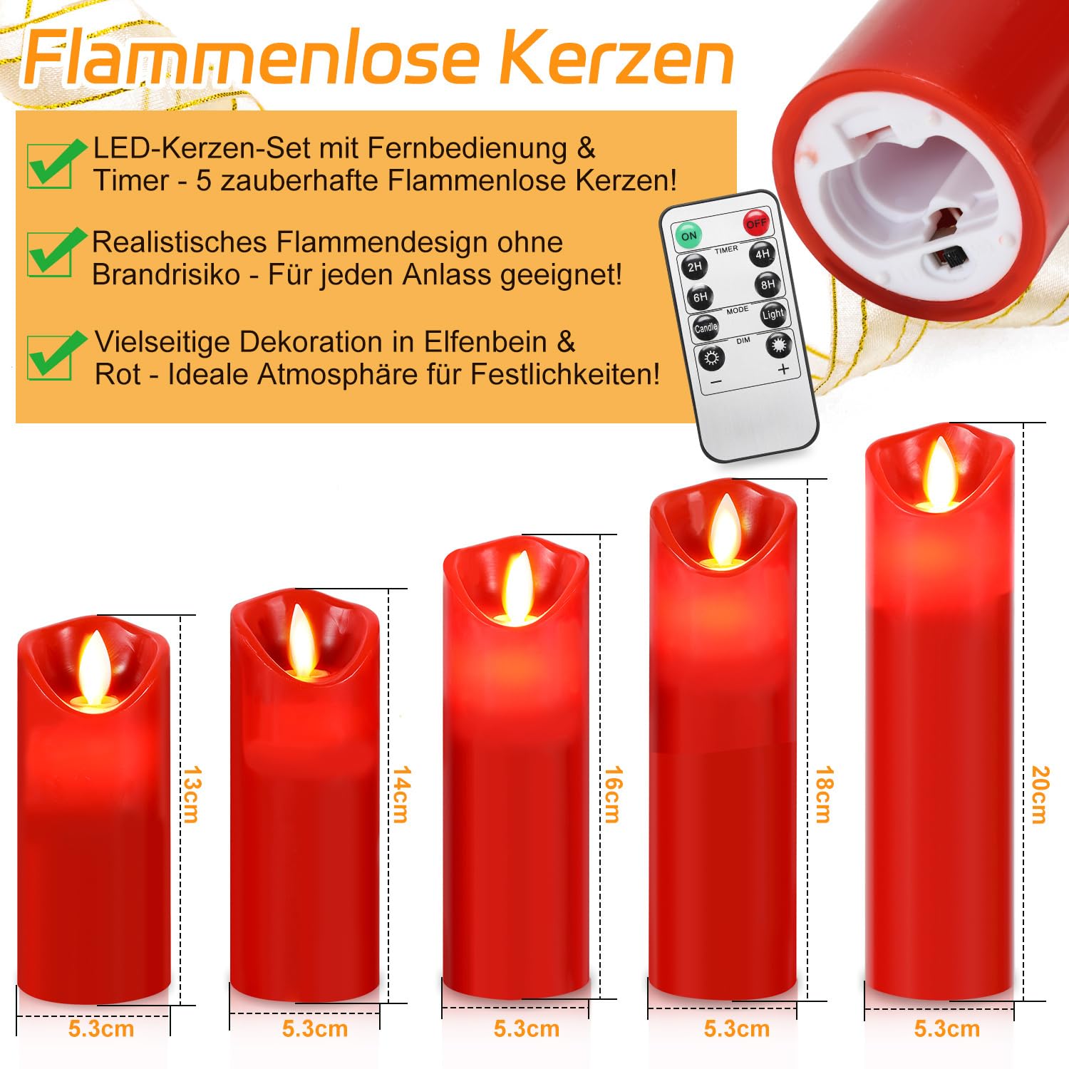 Czerwone świece LED z pilotem zdalnego sterowania, 5 sztuk, zasilane bateriami, zestaw migoczących świec, realistyczne, bezpłomieniowe świece na Boże Narodzenie, imprezę, świąteczną