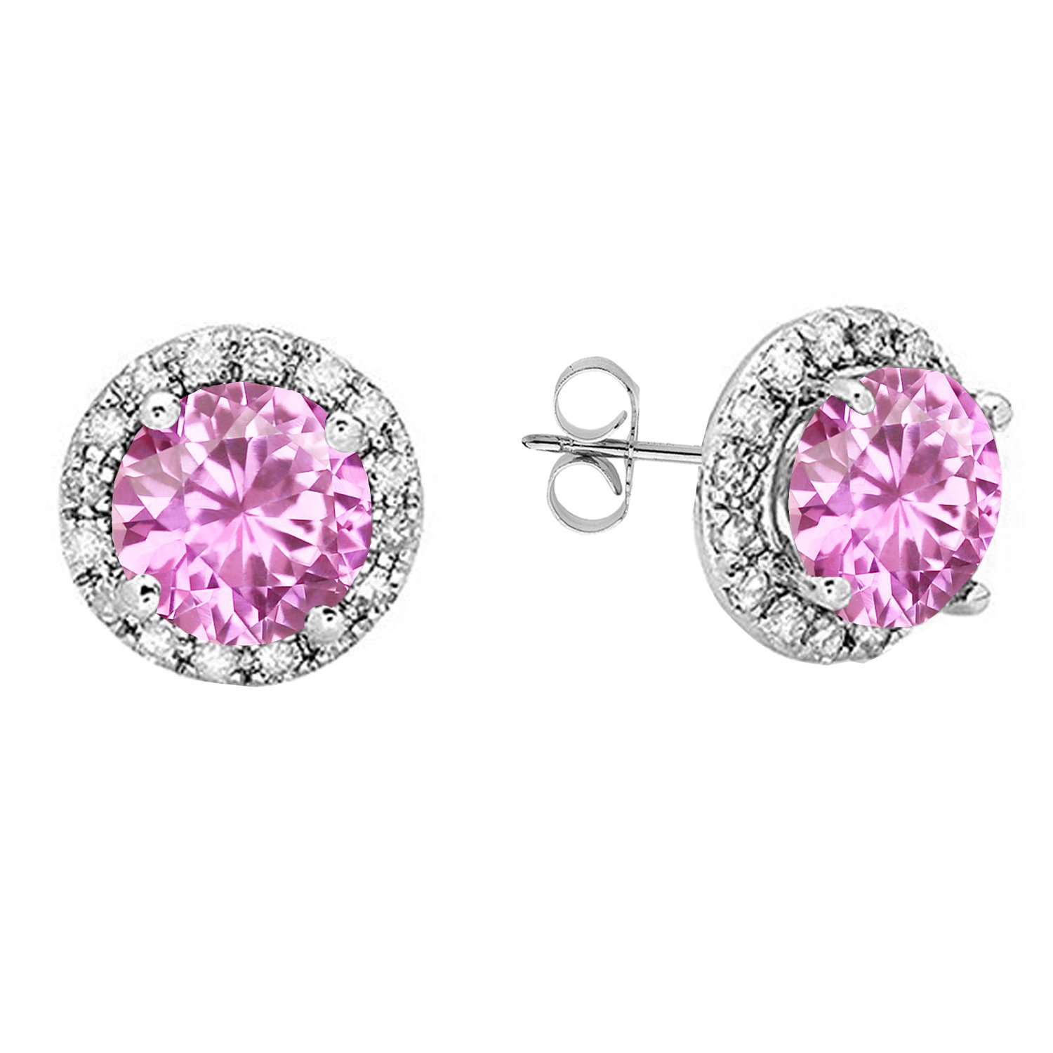 Dazzlingrock Collection Round 6mm Each Lab Created Pink Sapphire & White Diamond Halo Stud Earrings, 10K Solid White Gold