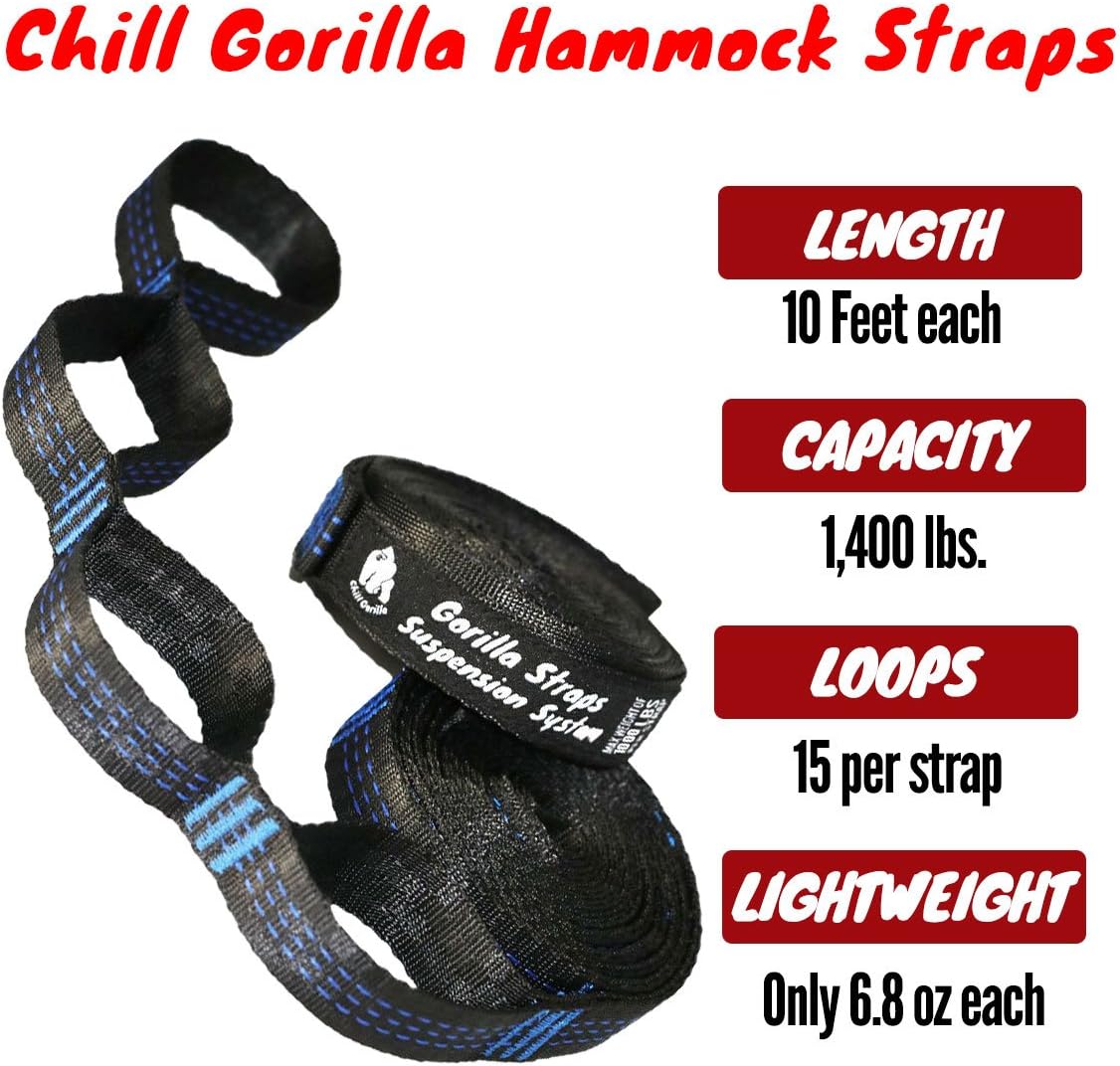 CHILL Gorilla XL Hammock Tree Hanging Straps. Combined 20 ft Long, 30 Loops. Supports 1400 lbs. Fits All hammocks. Lightweight no Stretch Suspension System. Backpacking Camping ENO Accessory