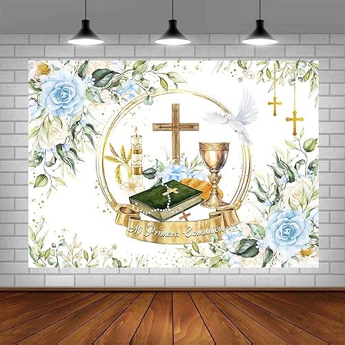 AIBIIN Telón de fondo de comunión Mi Primera de 7 x 5 pies, decoraciones de primera comunión, decoraciones de primera comunión, decoraciones