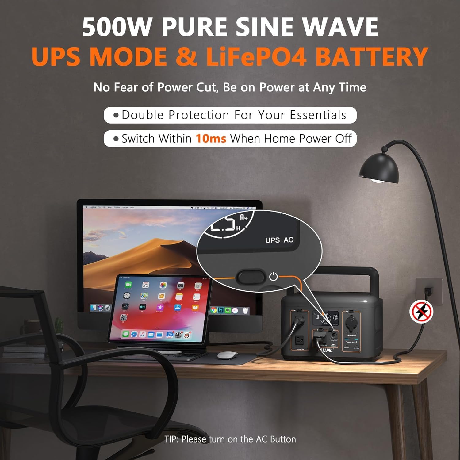 ALLWEI Portable Power Station 500W, 512Wh LiFePO4 Battery UPS Backup Power view 2