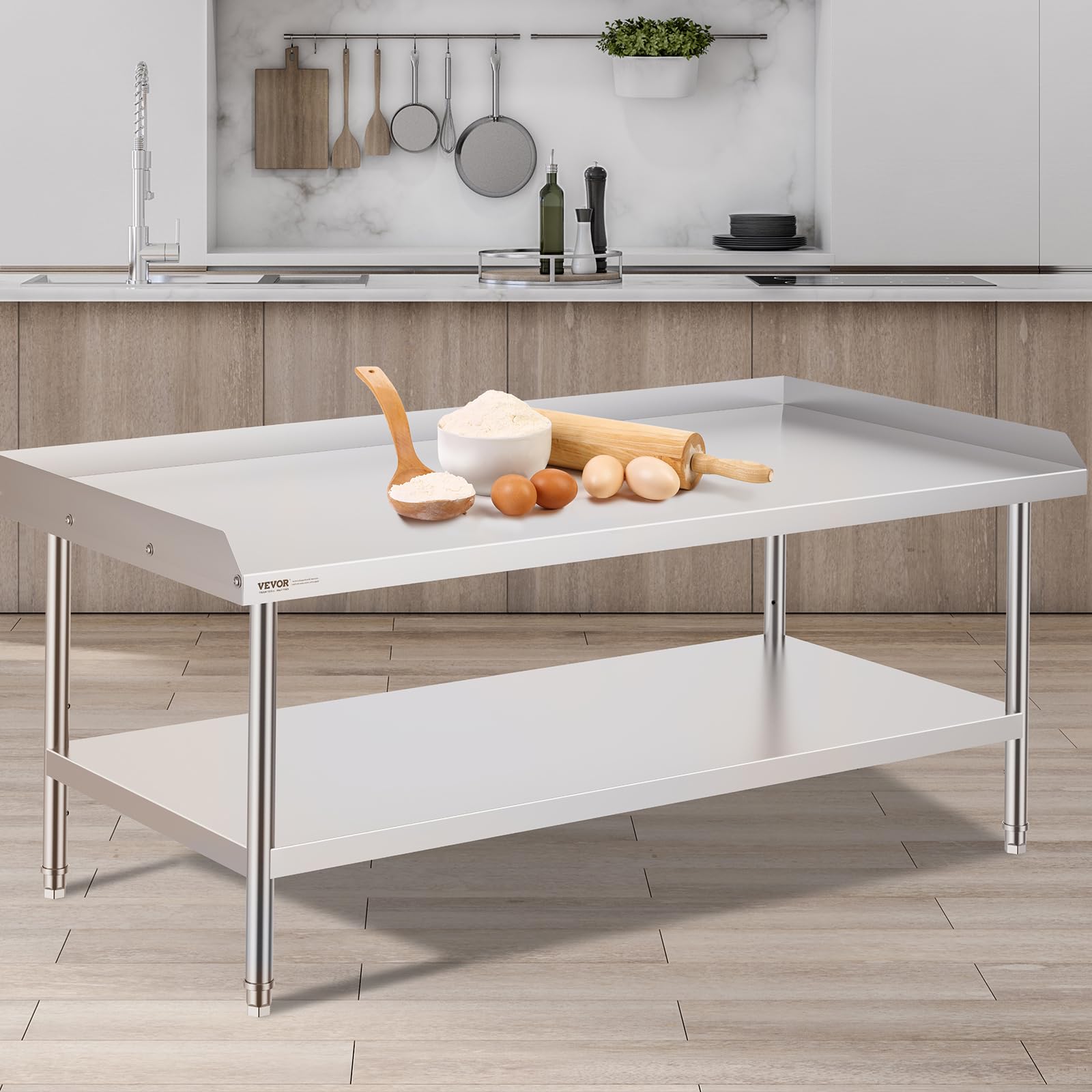VEVOR Arbeitstisch Edelstahl, gewerblicher Arbeitstisch zur Lebensmittelzubereitung, 3-seitiger Spritzschutz, Arbeitstisch mit Einstellbarer Höhe (762 x 1524 x 660 mm)