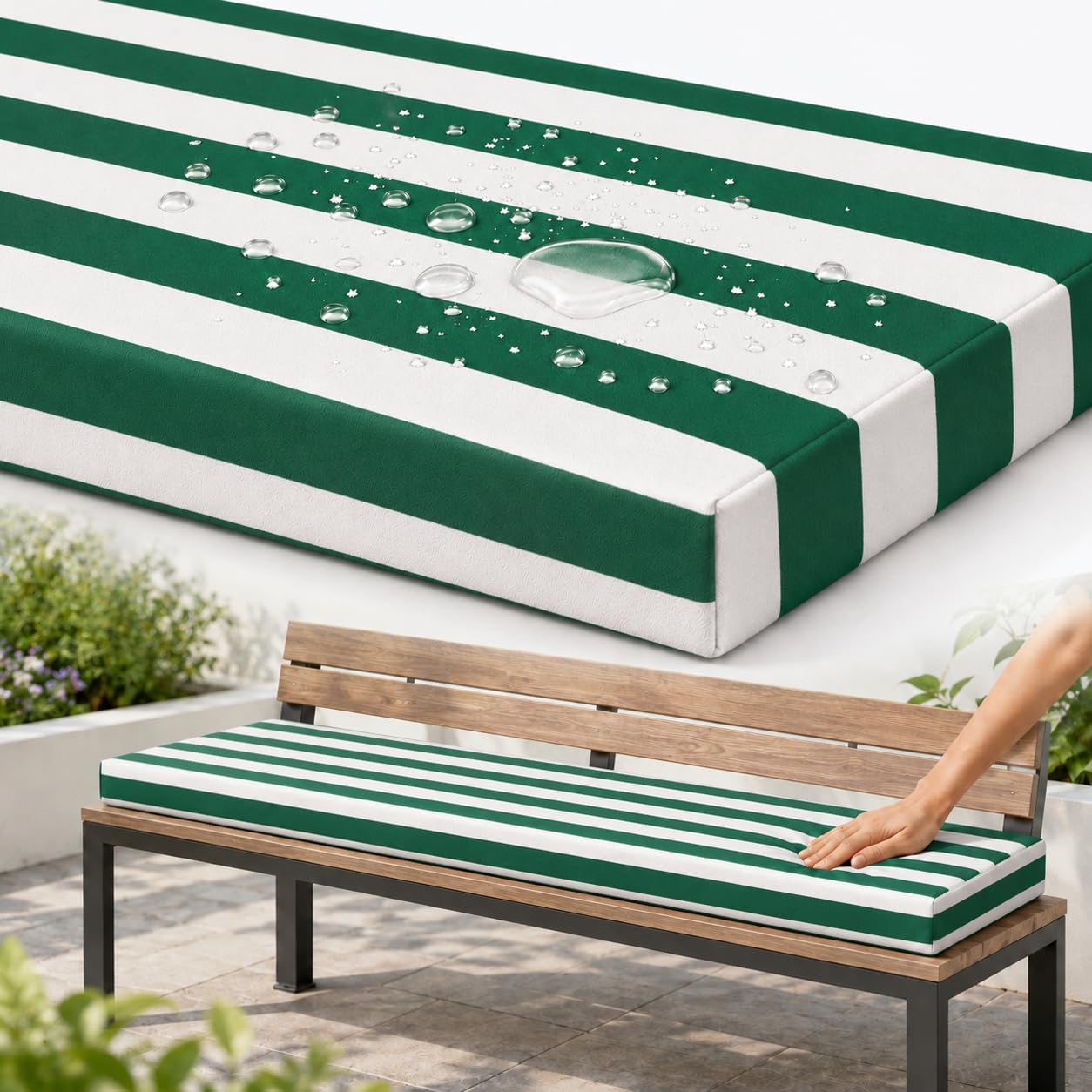 AZMAHT Bench Cushion Outdoor, Garden Bench Cushion with Waterproof Polyester Cover, 50D Foam, Non-Slip Base, 2 Ties, Removable Zip Cover for Patio, Bay Window, Garden Swing,Green Stripes,80x35x5cm