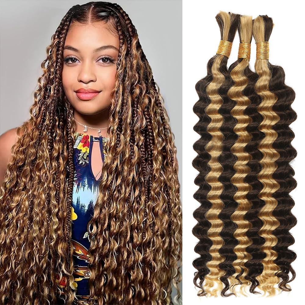 Human Braiding Hair for Boho Braids,150g 20 inch 3 Bundles Highlight Deep Water Wave Bulk Boho Curly Human Hair Bundle for Braiding,4/27 Honey Blonde