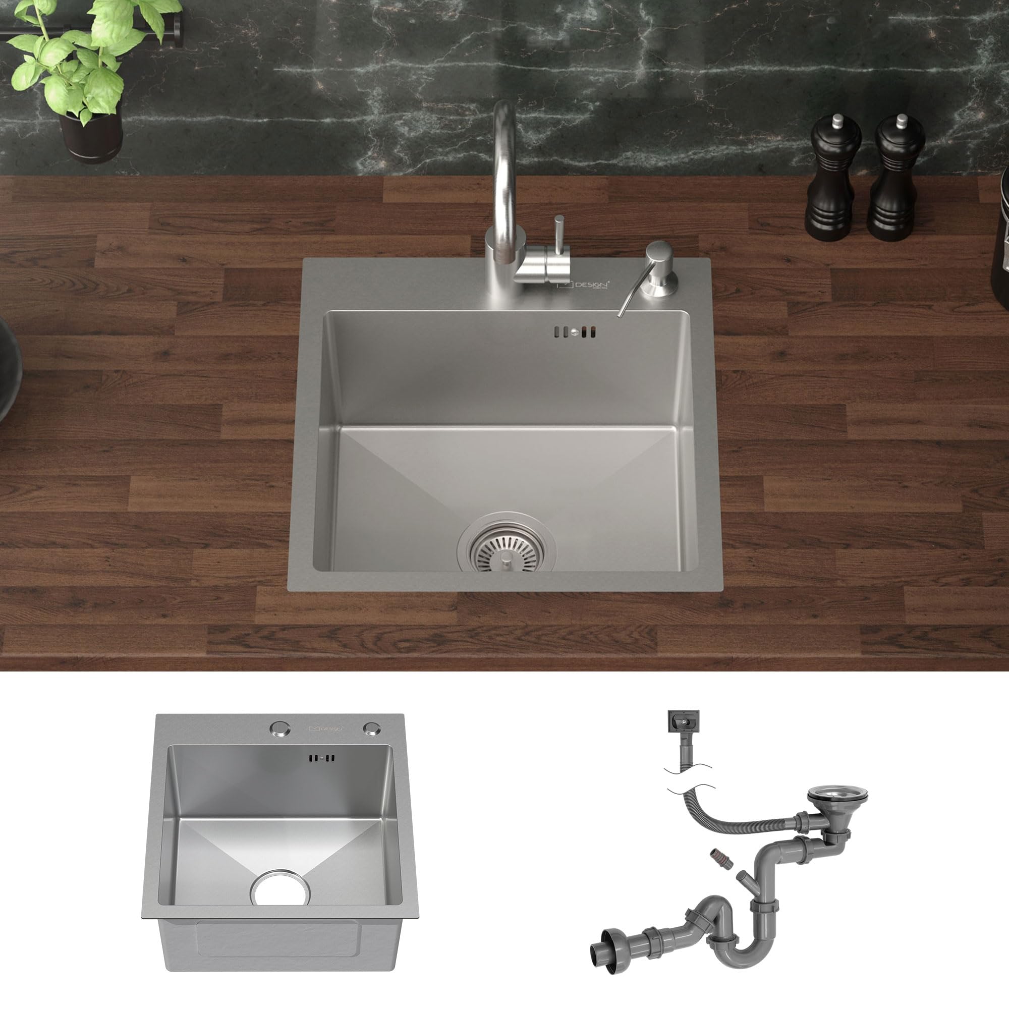 ML-Design Lavello in Acciaio Inox 45x45 cm Lavabo da Cucina Quadrato Argento 1 Vasca Lavandino da Incasso con Set di Scarico e Troppopieno Vasca Singola con Sifone