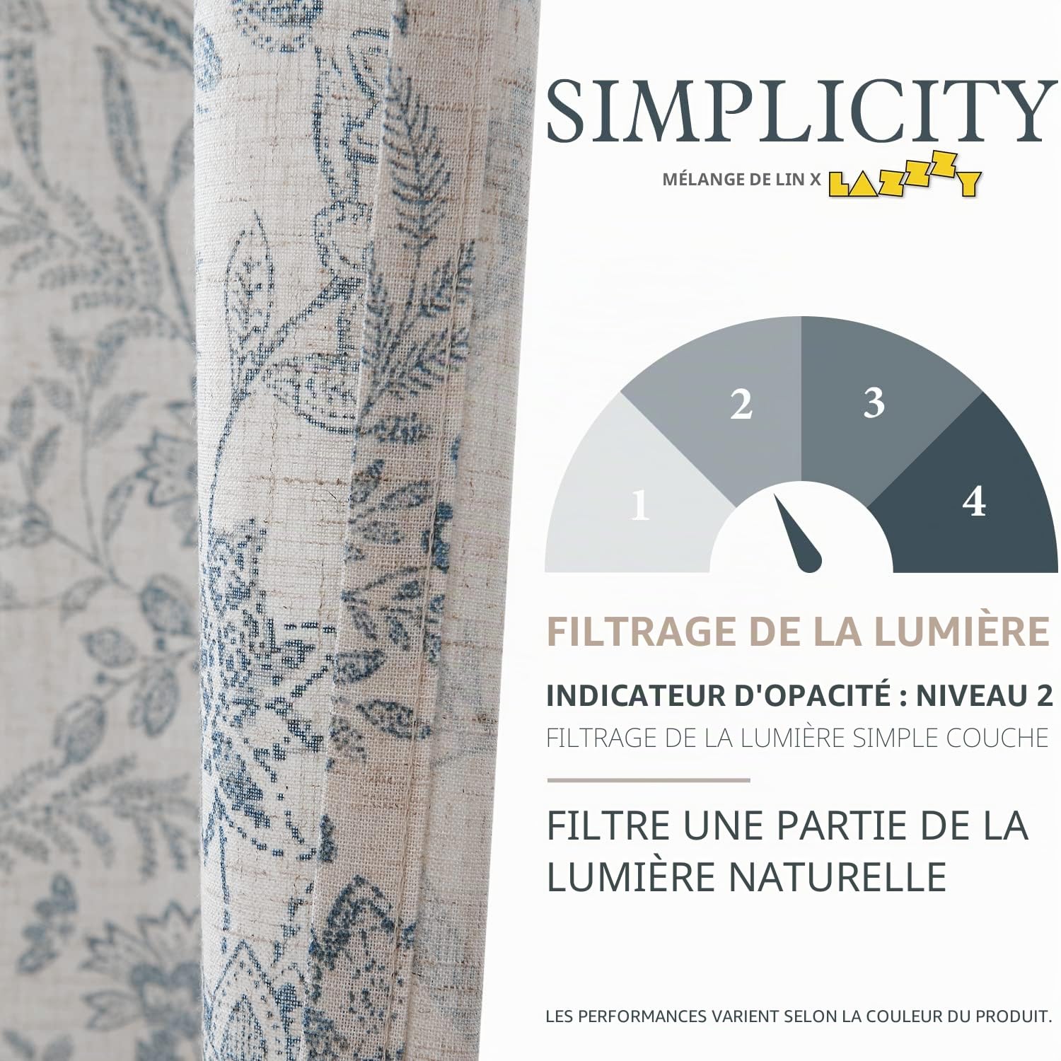Lazzzy Lot de 2 Rideaux de fenêtre en Lin à imprimé Floral Semi-Floral de Style Rustique pour Salon et Chambre à Coucher – Rideaux filtrant la lumière avec œillets – Bleu sur Beige – 213 cm de Long
