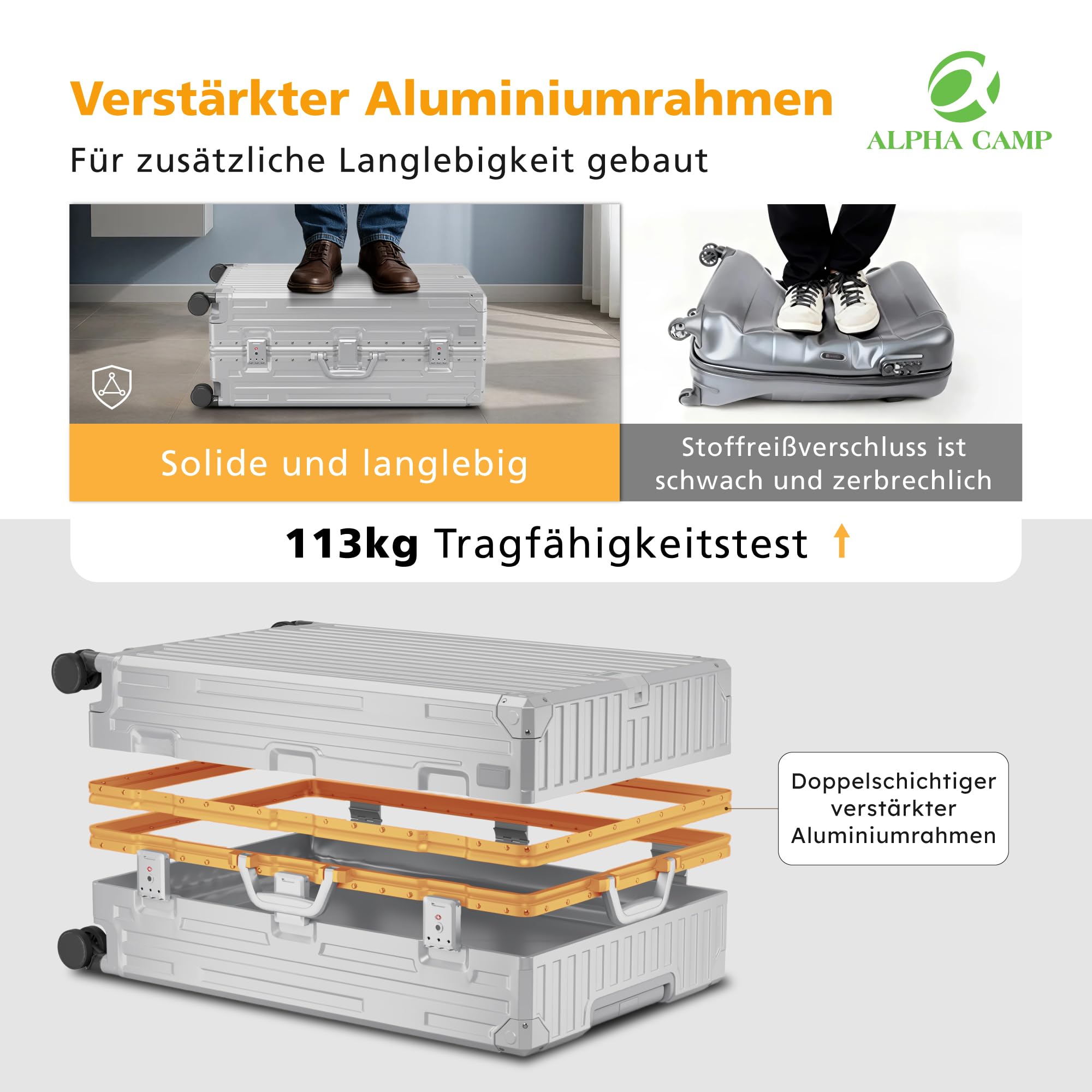 ALPHA CAMP Kofferset M L XL Reisekoffer TSA Schloss Groß 3tlg mit Rollen | Hartschalenkoffer Polycarbonat Suitcase Aluminium Rahmen Koffer Set Handgepäck Silber Mittelgroß Rollkoffer Flugreisen