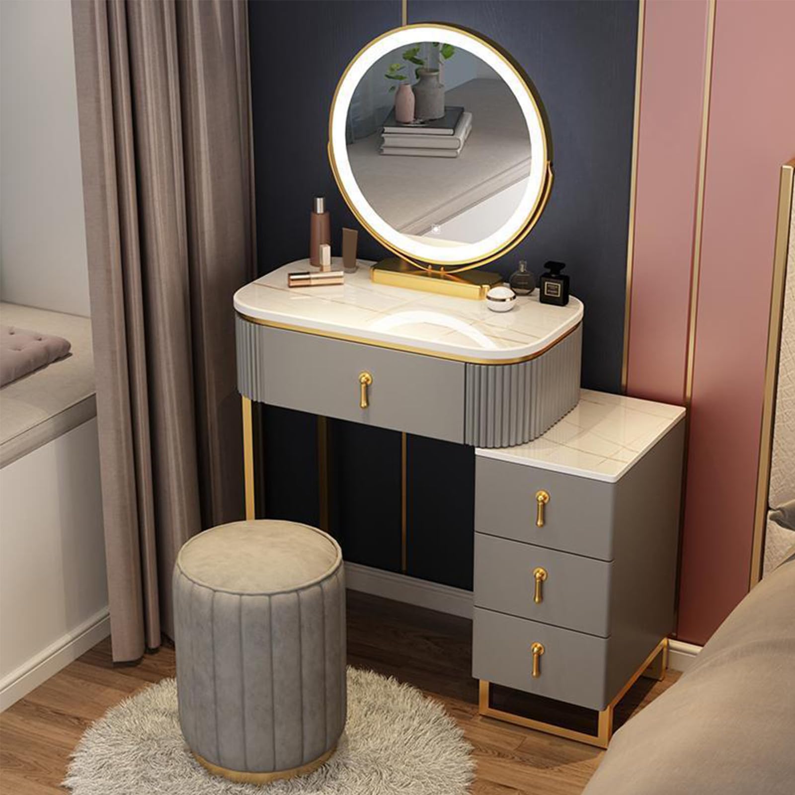 asdchZen Modern Makeup Vanity Desk With Mirror Lights And 4 Storage Drawers Stylish Dressing Table Set With Cushioned Stool For Women And Girls Bedroom 50Cm E Height,A-70cm