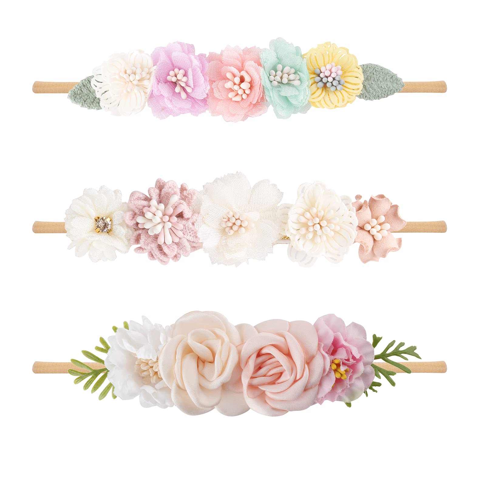 cherrboll 3 diademas de flores para bebé, súper suaves y elásticas, de nailon, para recién nacidas