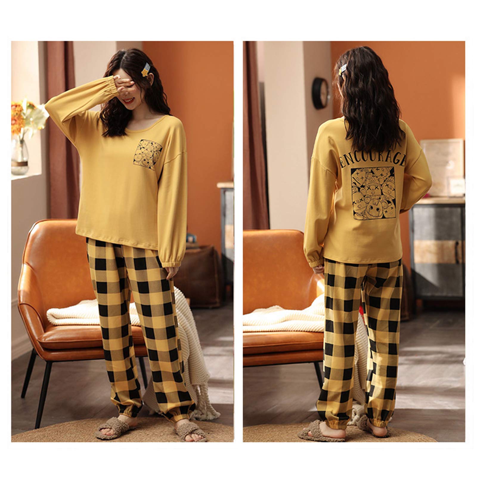 Ensemble pyjama pour femme coton manches longues, vêtement nuit confortable taille M