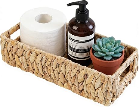 Water Hyacinth Basket, Toilet Tank Basket for Storage with Built-in Handles, Hand-Woven Wicker Baskets for Bathroom Decor Bedroom