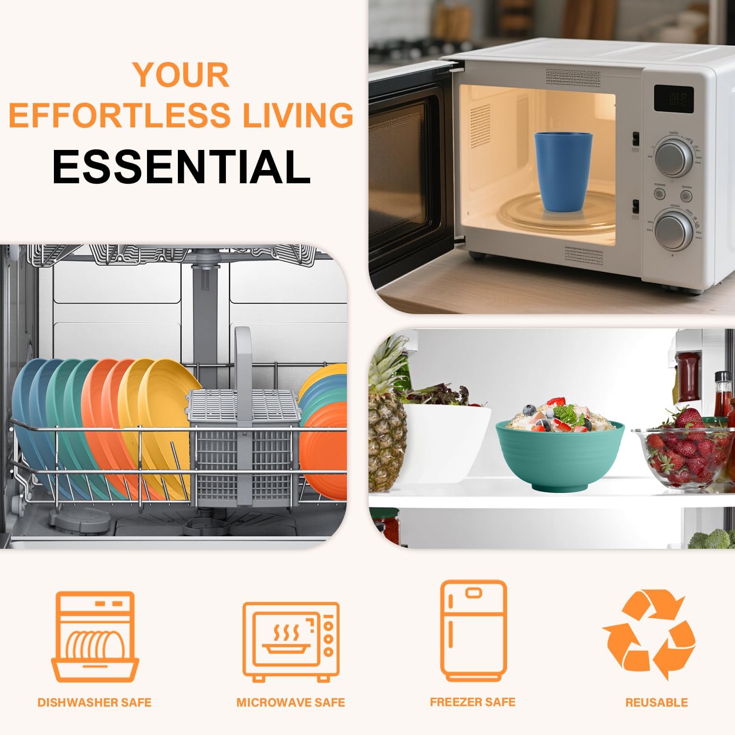 Wheat Straw Dinnerware Sets for 8, Unbreakable Plates and Bowls Sets for 8, 32-Piece Dishes Set, Microwave Safe Plastic Plates Reusable, Cups and Bowls Sets for Kitchen, Outdoor - Multi - Image 4