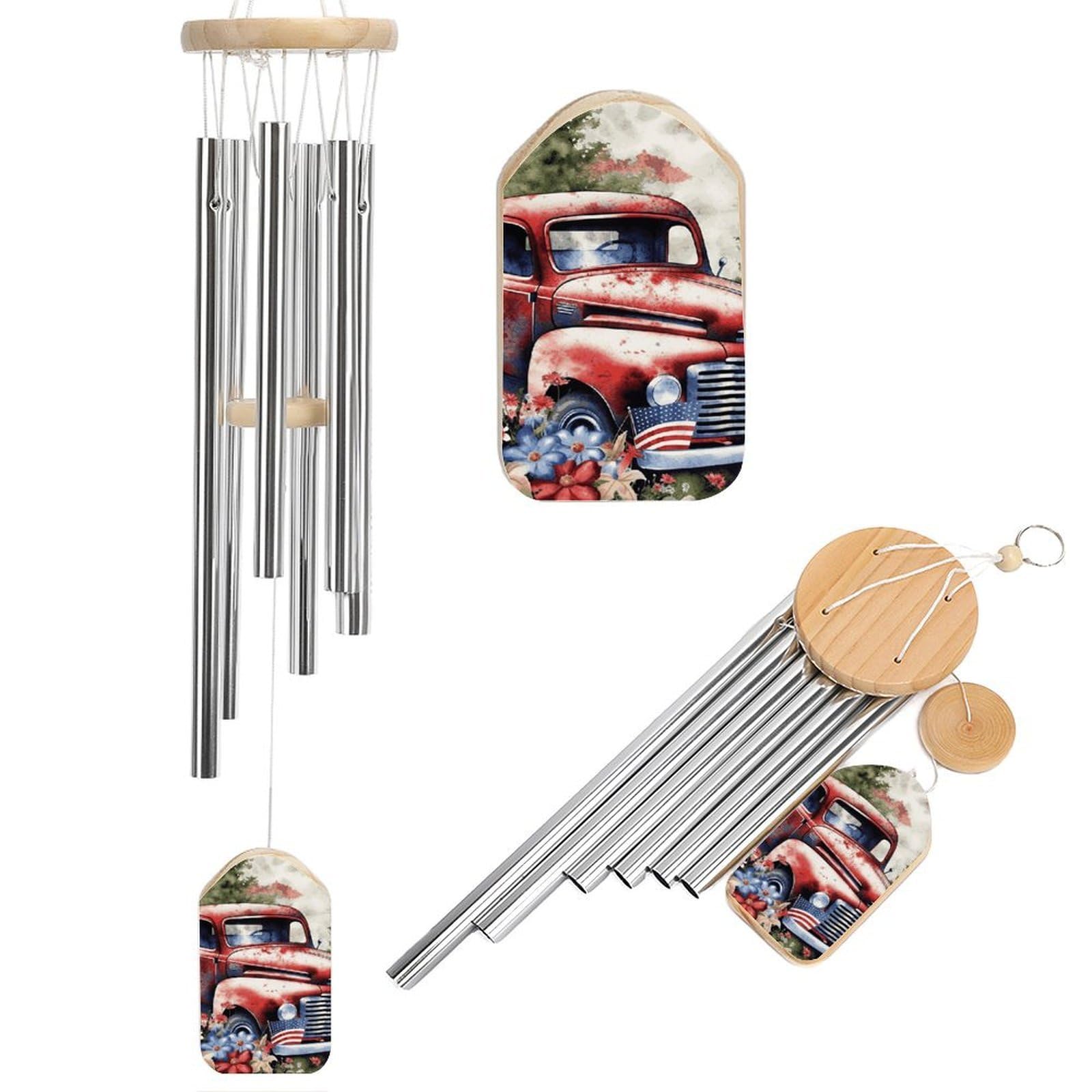 Carillon éolien rouge de 54,5 cm avec camion pour la décoration du jardin et de la terrasse extérieure