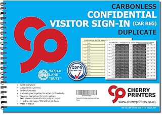 Cherry Carbonless NCR GDPR Compliant Confidential Visitor Sign with CAR REG in Duplicate Wiro Book A4 50 Sets