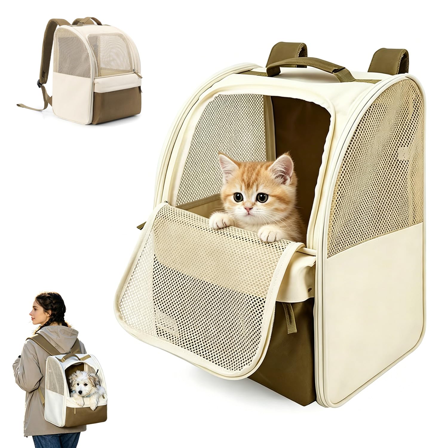 Katzen Hunde Rucksack, Katzenrucksack mit Fenster, Hunderucksack Stabiler Stahldrahtrahmen Verschleißfestes 600D Oxford-Gewebe Transportrucksack Haustier-Rucksack für Hund Katze Reisen Braun