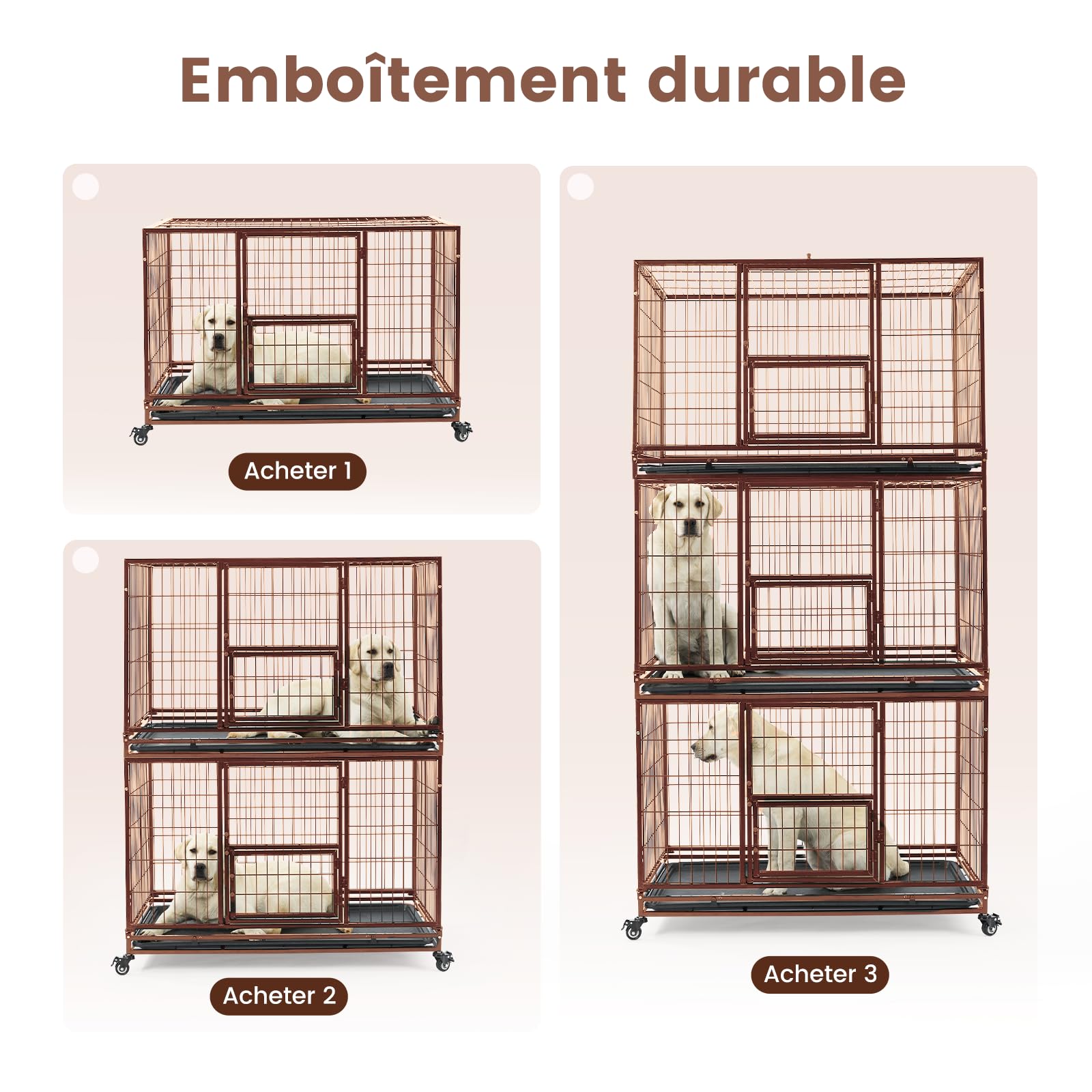 Gardner Pet Cage pour Chien Moyens Lourd Taille L 82.3x51.5x56cm Brun | Structure Renforcée Anti-Évasion avec Plateau, 3 Portes Amovibles, Roulettes Verrouillables, Niche Extensible Modulable