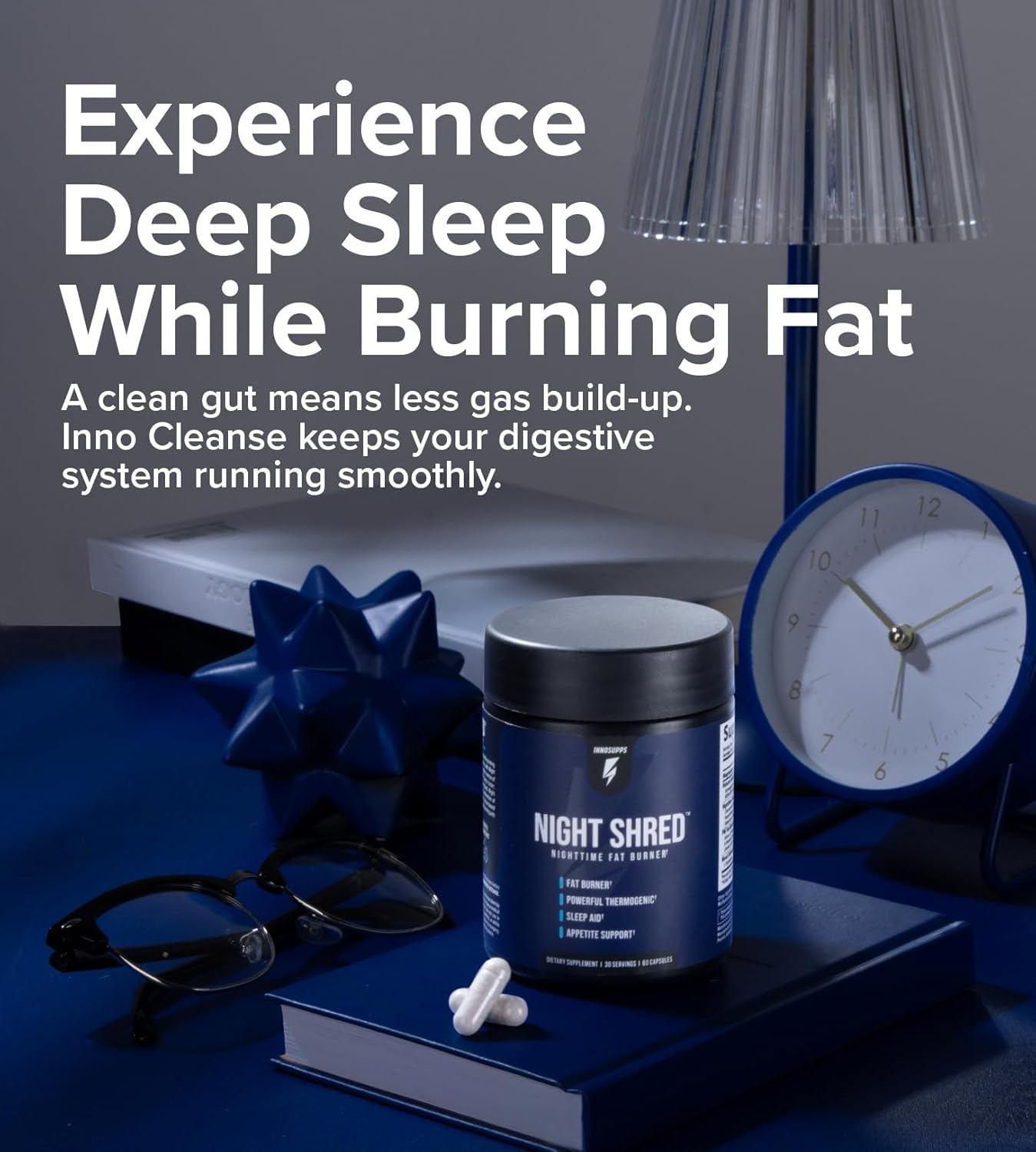 InnoSupps Night Shred Fat Burner and Natural Sleep Support | Ashwaganda, 5-HTP, CLA, Melatonin | Appetite Suppressant | Weight Loss Support Nighttime Fat Burning (60 Vegetarian Capsules) - Image 2