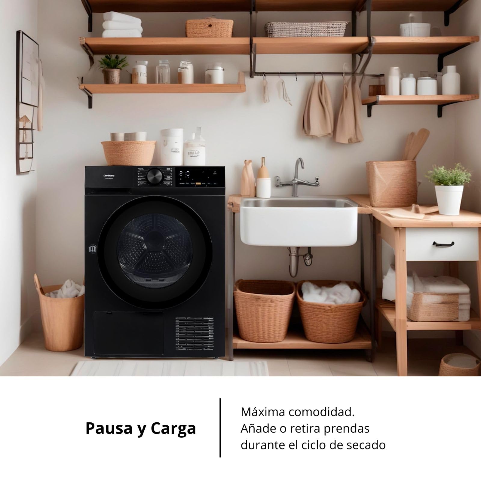 Corberó - Secadora Bomba de Calor Excellence | CSBCM850N | 8 kg | 84,5 x 60 x 59,5 cm | Motor Inverter | 5 Niveles de Secado | Purificación Luz UV | Tambor Inox | 65 dB | Negro | Clase C