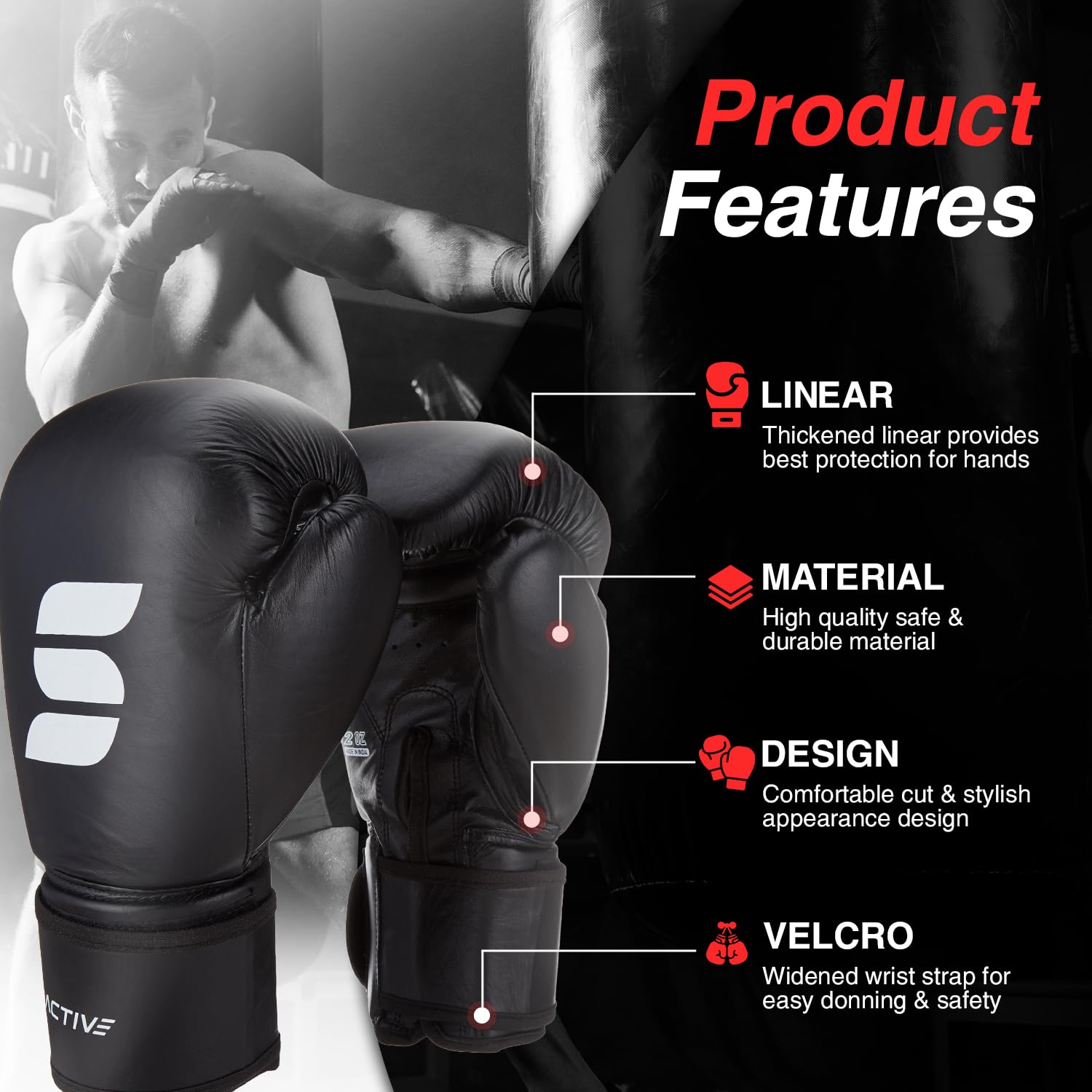 Amazon Brand – Symactive Leather Boxing Gloves for Men & Women |12 Oz |Premium Training & Sparring Gloves | High-Density Padding | Black 1