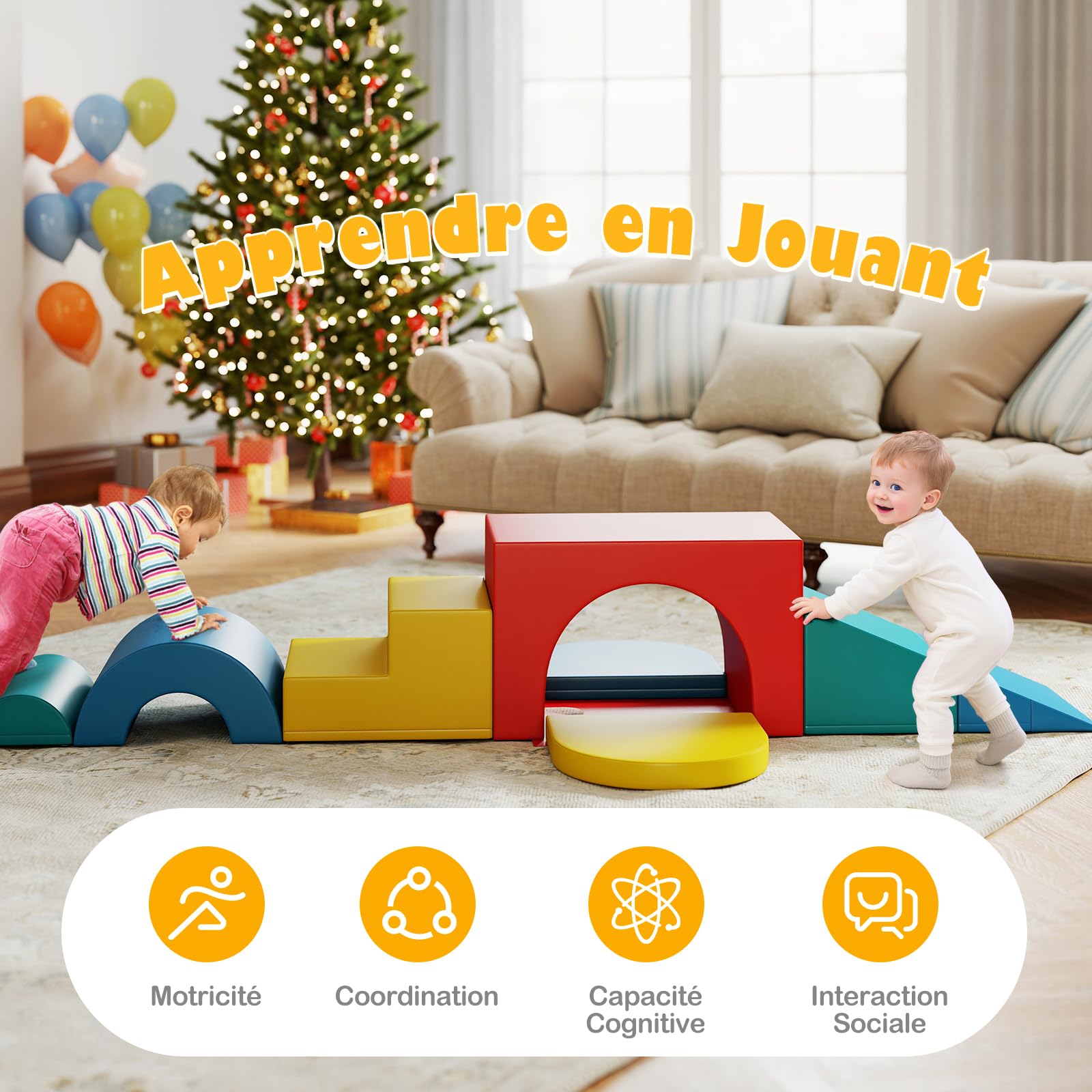 COSTWAY 7 PCS Module Motricité Bébé avec Toboggan & Escalier, Parcours Motricité Bébé en Mousse avec Housse en PU & Bandes Agrippantes, Jouets Éducatifs pour Enfants d'Âge Préscolaire (Rouge)