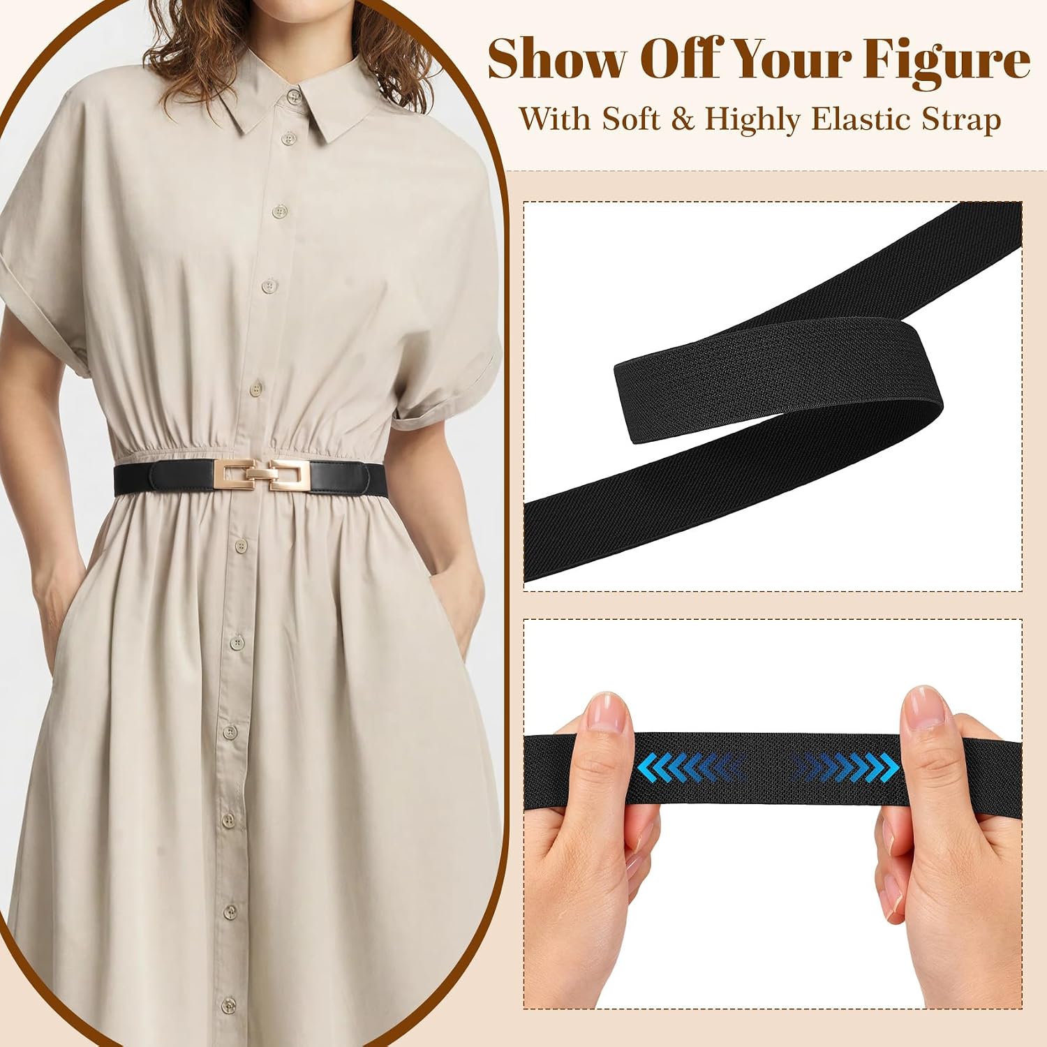 XZQTIVE 2 Pack Women Thin Elastic Belts for Dress,Trendy Skinny Stretchy Belt for Women,Waist Belt with Golden Buckle image 3