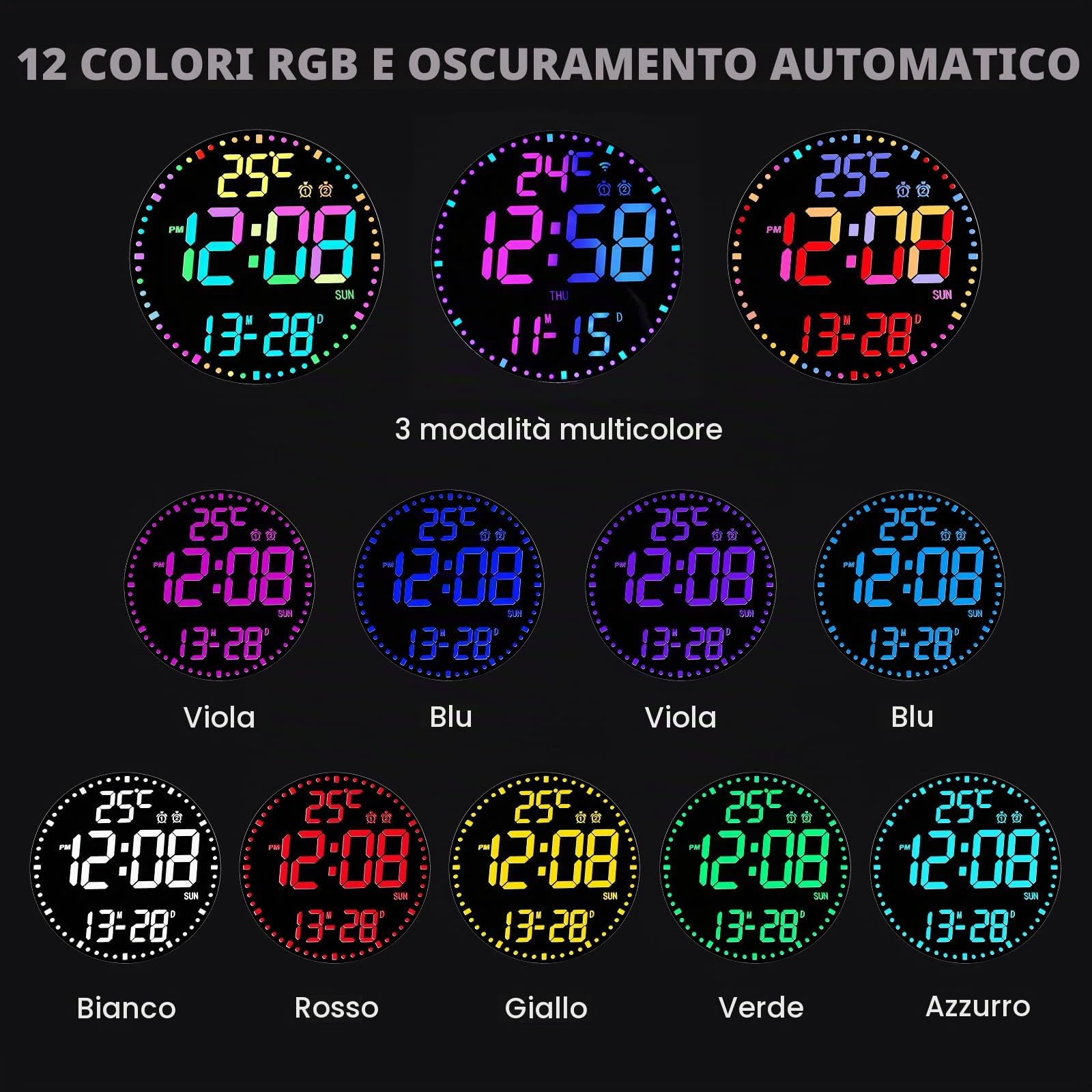 Orologio da parete digitale da 12 pollici con luce notturna, orologio da parete digitale con telecomando, allarme, grande orologio digitale, con luce notturna, 12 colori RGB visualizzazione della