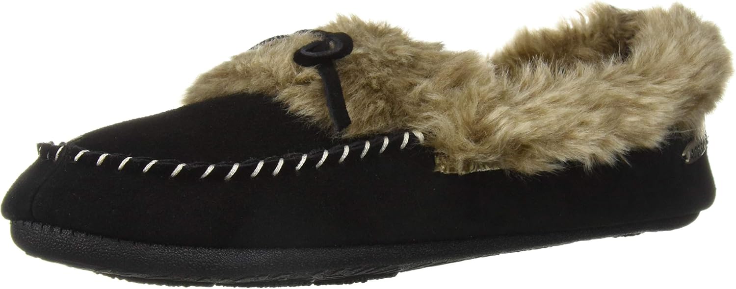 Acorn Women's Cozy Faux Fur Moc Slipper with memory foam and plush suede upper, Black, 9.5-10.5