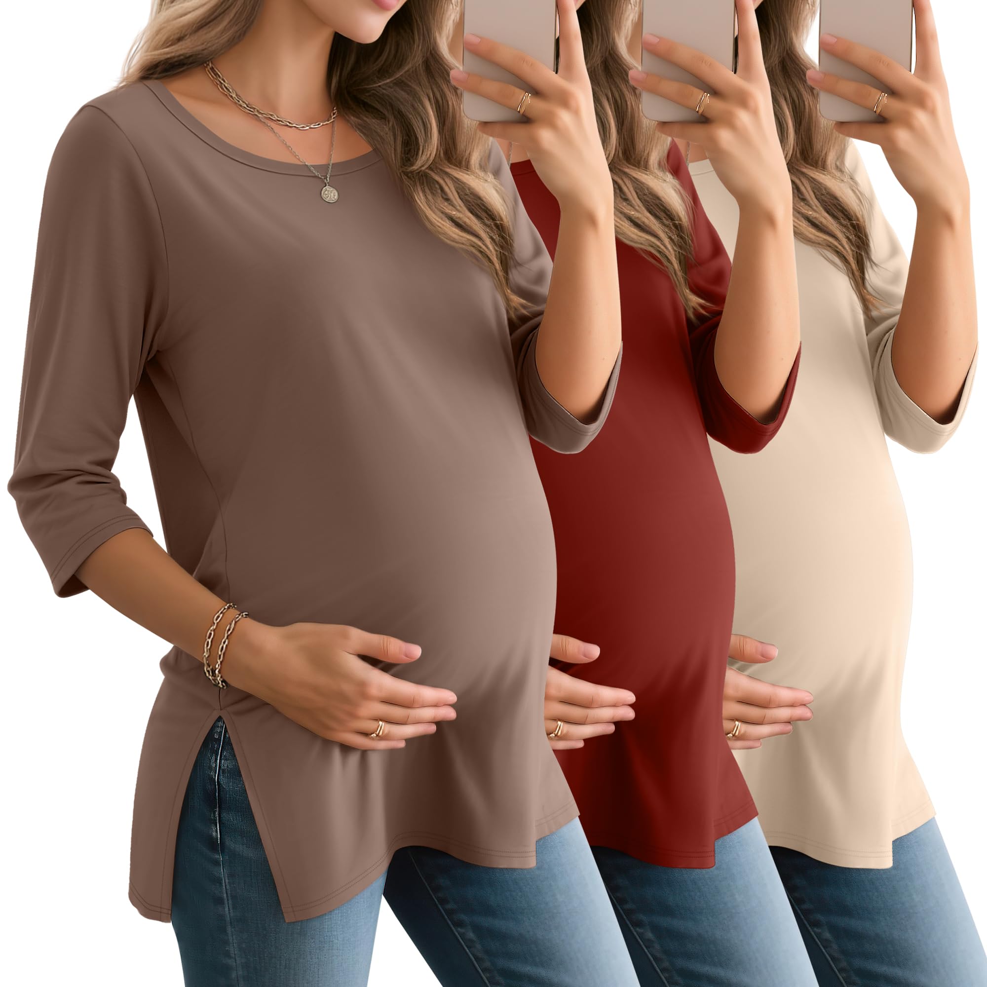 3 Pack Womens 3 4 Sleeve Maternity Shirts Elbow Length Clothes Round Neck Tunics Pregnancy Loose Side Split