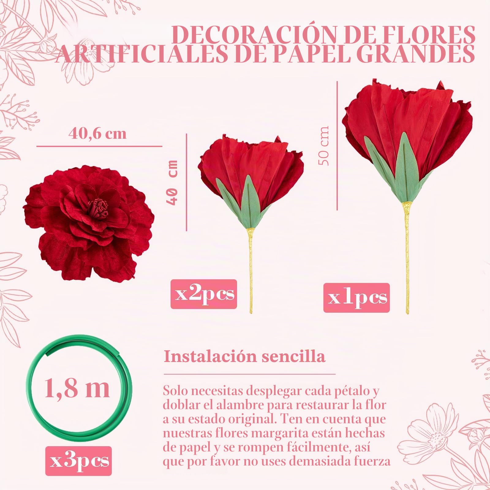 3 Piezas Flores Rosas Grandes de 1.5 metros, Rosas Artificiales Gigantes de San Valentín de Pie, Enormes Flores Artesanales para Ventana, Recepción, Banquete, Ceremonia, Decoración Floral